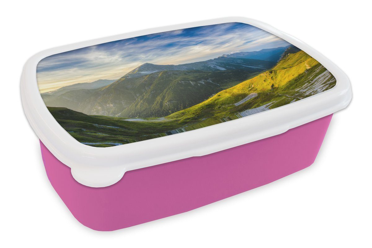 MuchoWow Lunchbox Tirol - Kinder, Kunststoff Berg - Kunststoff, Mädchen, rosa Brotdose Erwachsene, Snackbox, (2-tlg), Brotbox Sonnenaufgang, für