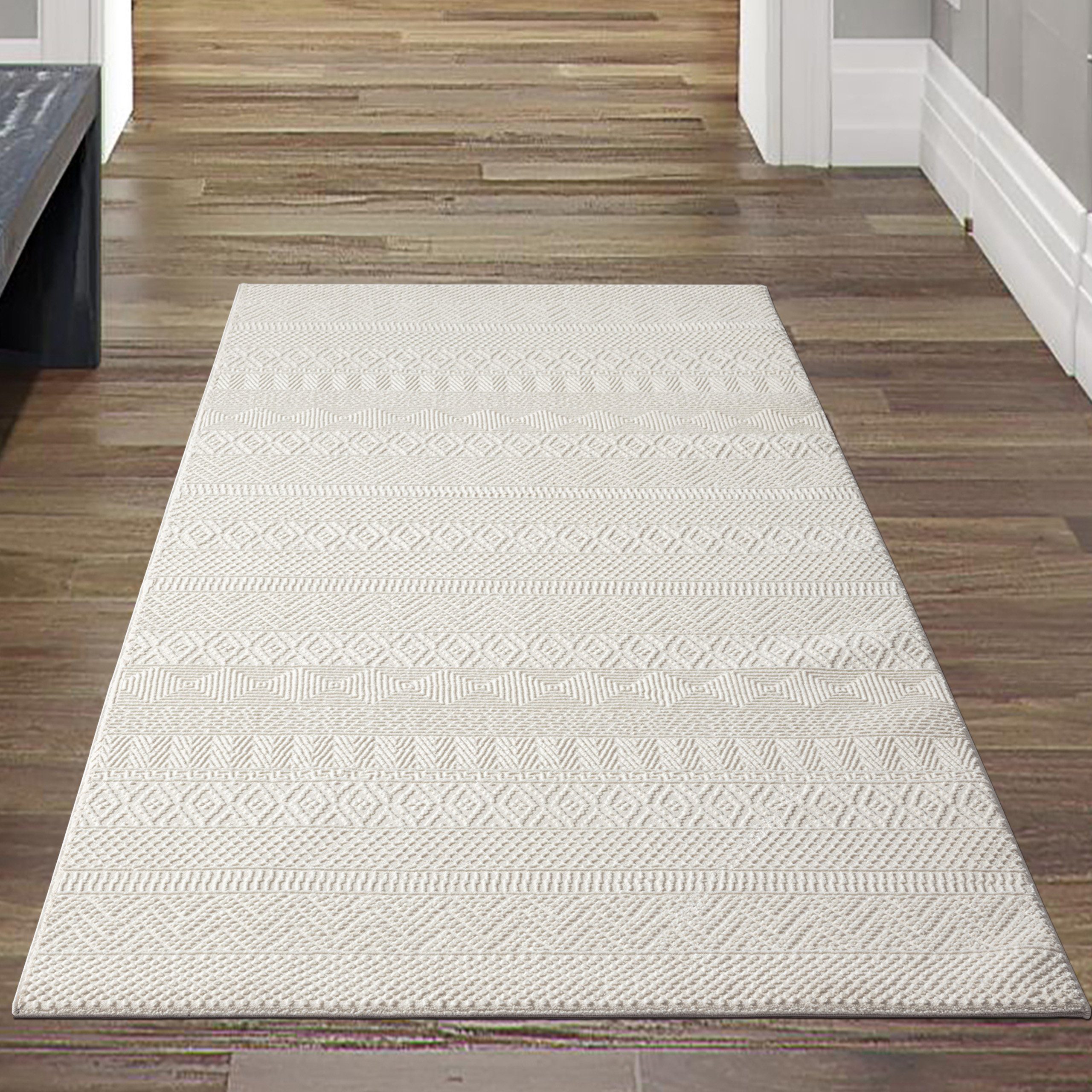 Teppich Hoch Tief Effekt Recycel Teppich kleine Zig-Zag Kreuzchen Muster creme, Teppich-Traum, rechteckig, Höhe: 12 mm