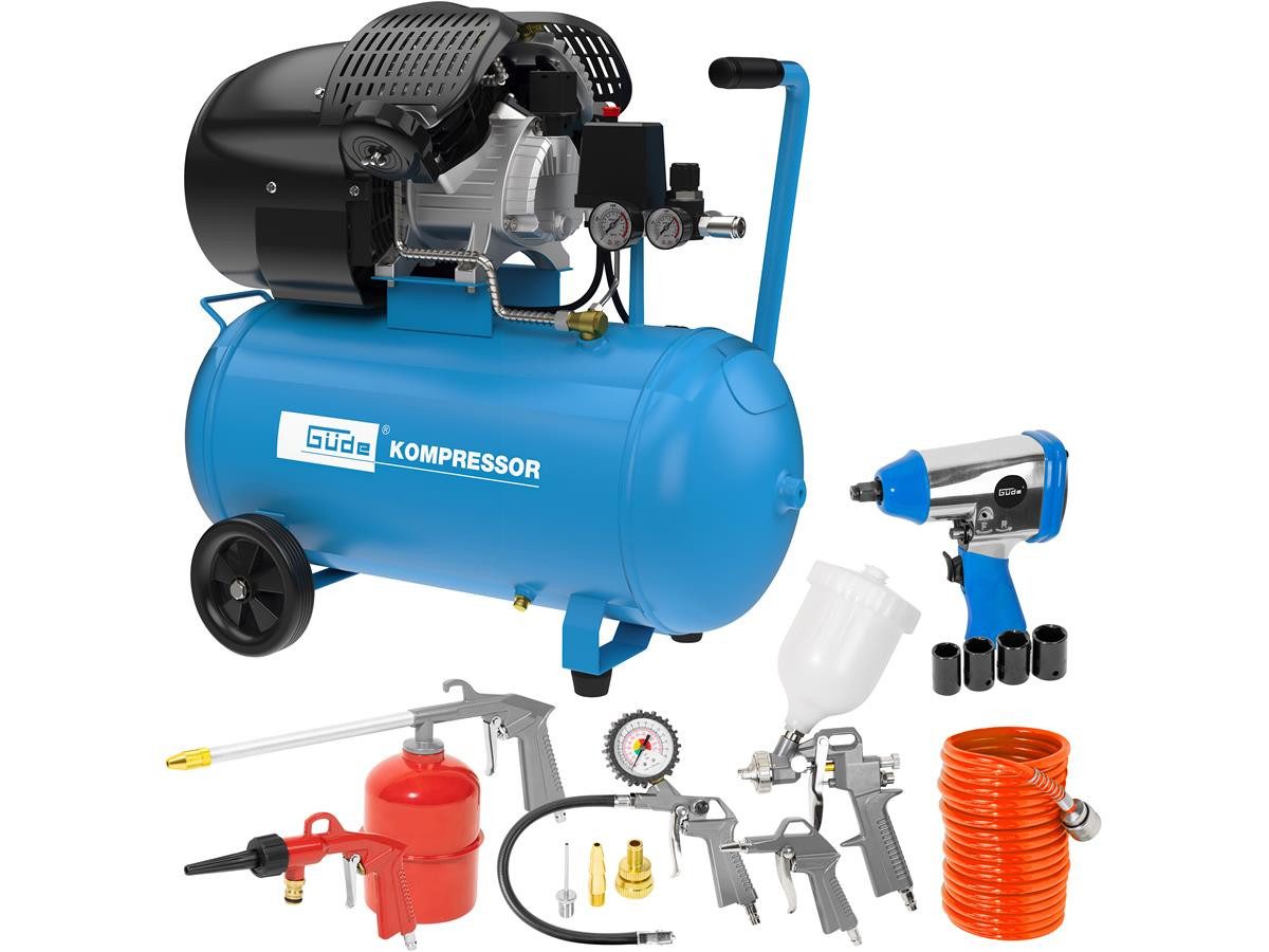 Güde Kompressor Set 405/10/50 15 TLG, 2200 W, max. 10 bar, 50 l, Set, 2,2 kW, 10 bar max. Betriebsdruck, 50 l Kesselinhalt, Druckminderer