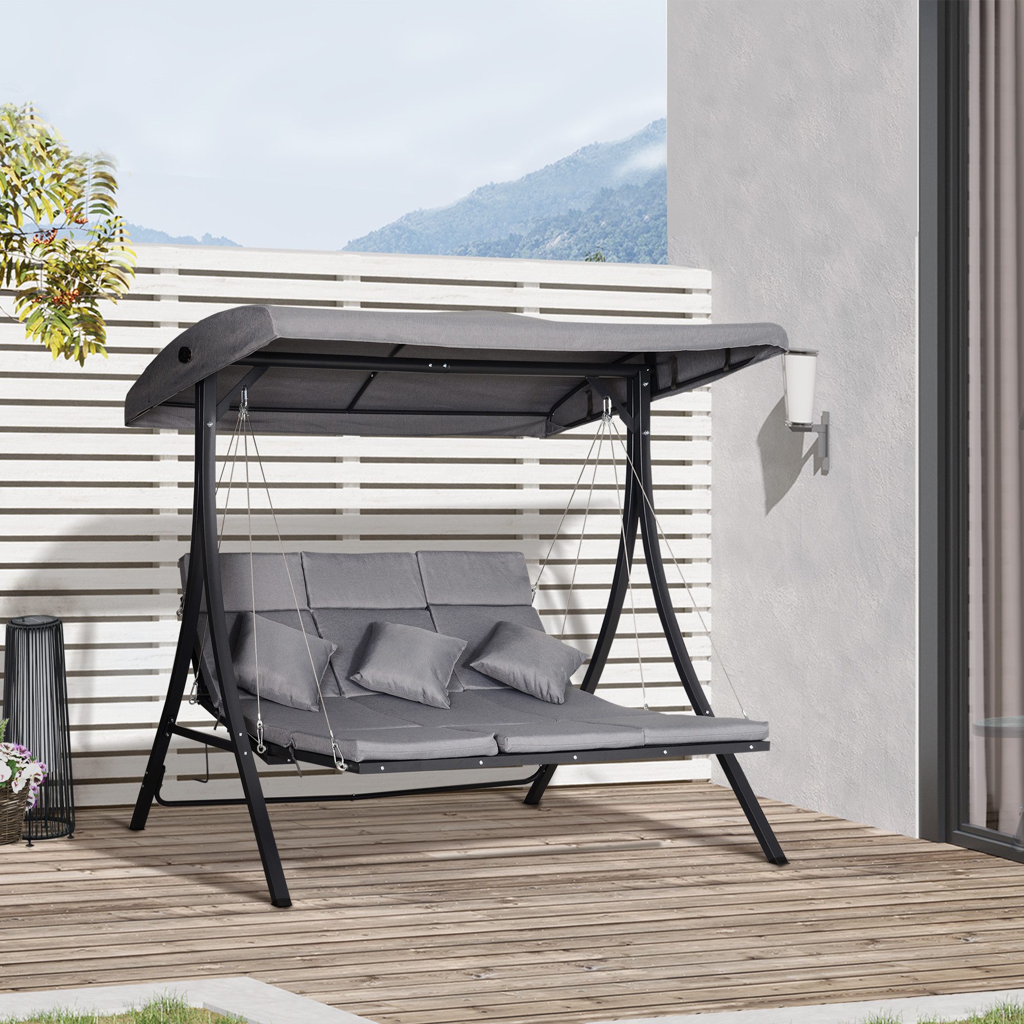 Outsunny Hollywoodschaukel Schaukelbank, Gartenschaukel mit Kissen, 270 kg Belastbar, 3-Sitzer, Verstellbares Dach, Schaukelbank, 1 tlg., Schaukelstuhl, für Garten, Balkon, Grau