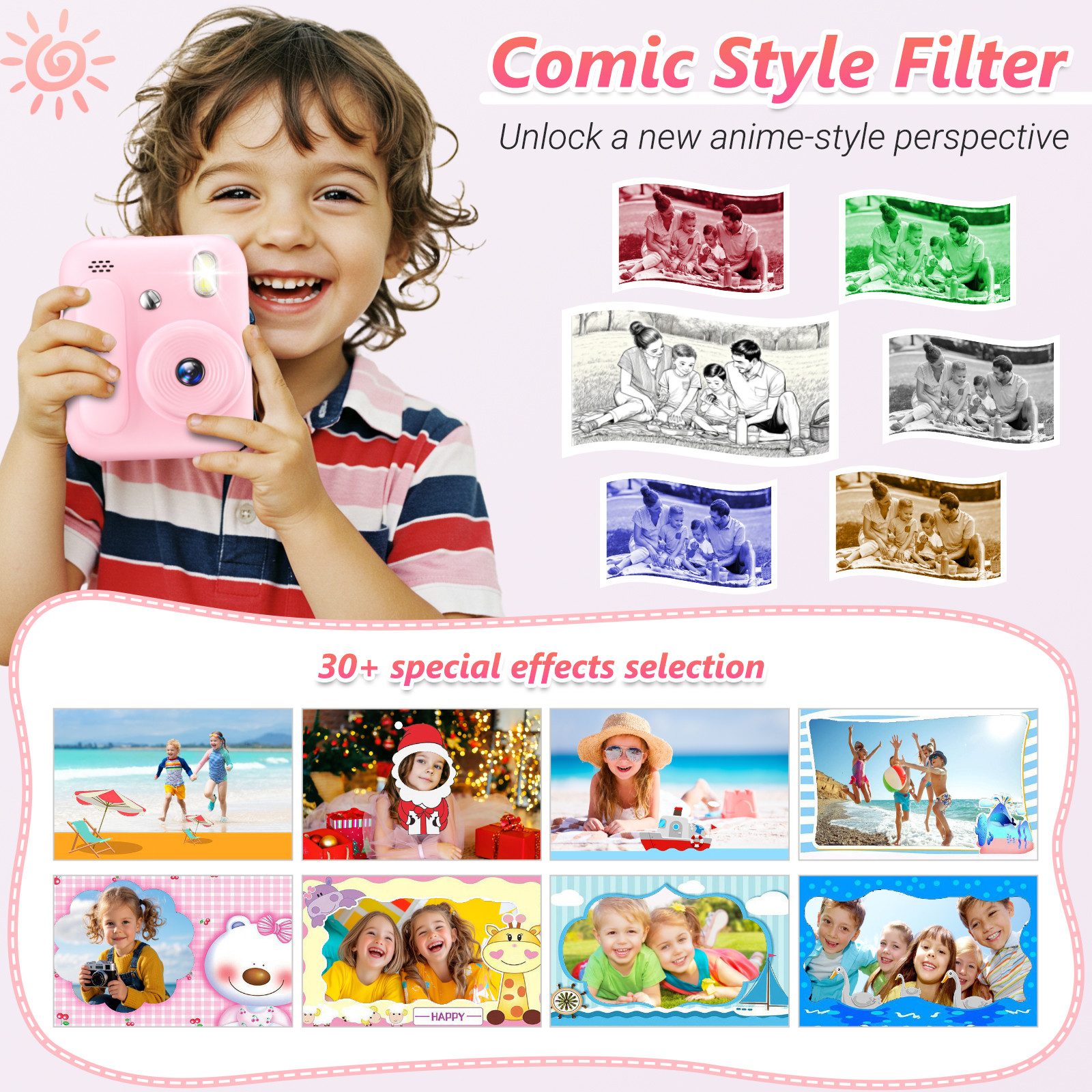 AIBISTAR Kinderkamera 5x Papier 32GB 1080P Rosa Kinderkamera (Standardobjektiv, Standardobjektiv, 1080 MP, 5x opt. Zoom, Netzwerkstandard, inkl. Set, MP3-Player & 4 Puzzlespiele, Über 30 lustige Filter & Rahmen)