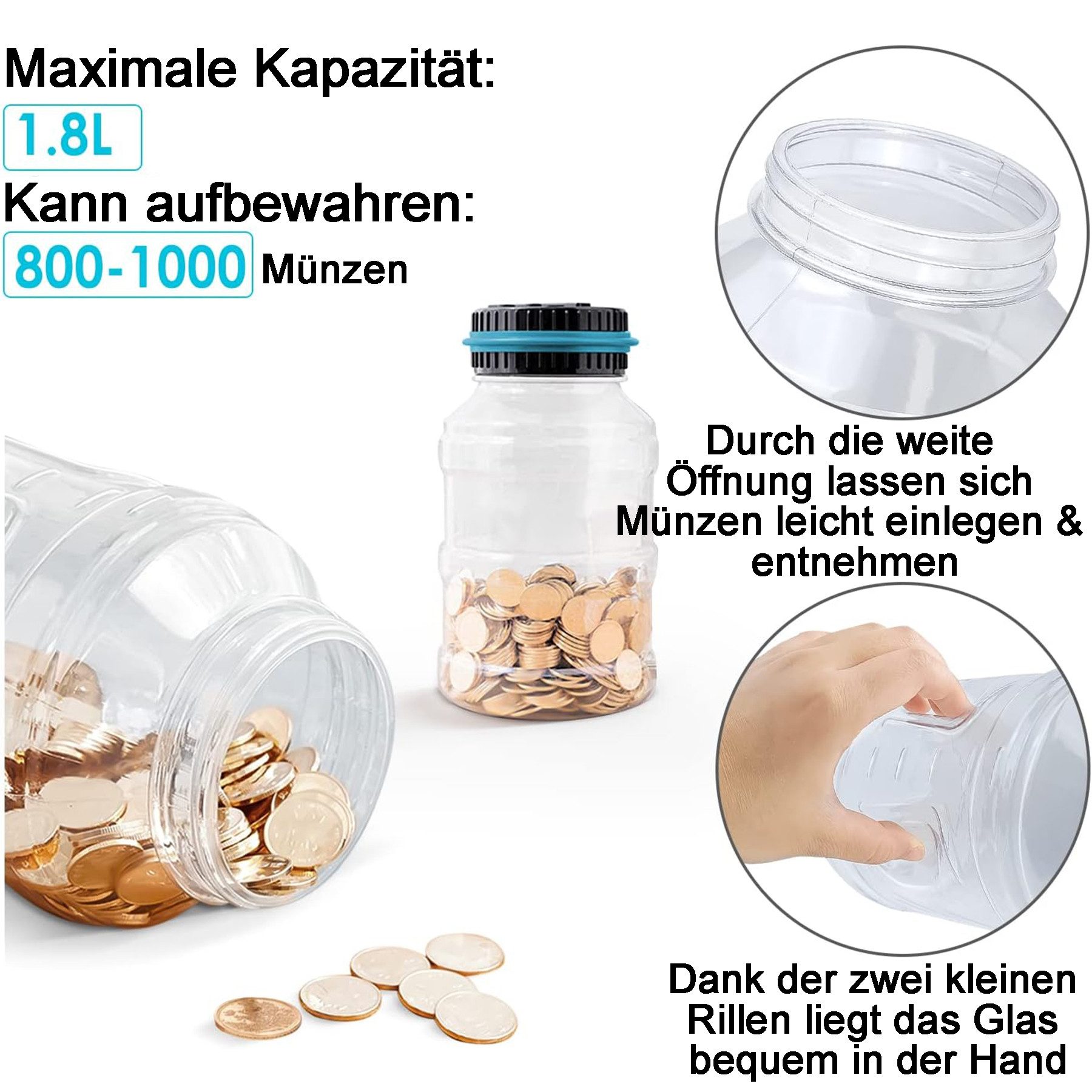 Senmudi Spardose Digitale Spardose mit Zähler, Automatische Spardose, (1.8L Münzzähler Groß mit LCD Display, Sparschwein für Kinder Jungen Mädchen und Erwachsene), Durchsichtig Elektrische Sparbüchse Zählwerk XXL