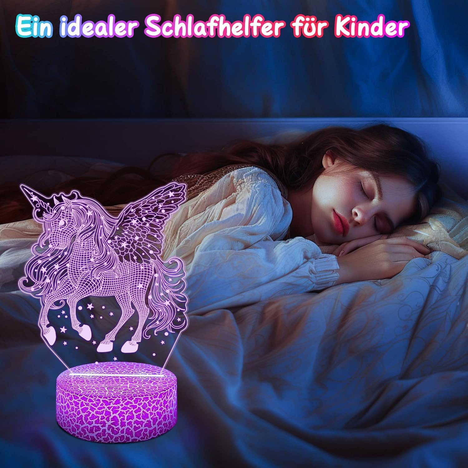 POLEMERA LED Nachtlicht Einhorn LED Nachtlicht Kinder mit 3D-Effekt & Fernbedienung, 3D Einhorn Lampe mit 16 Farben und Fernbedienung – Bild 4 von 5
