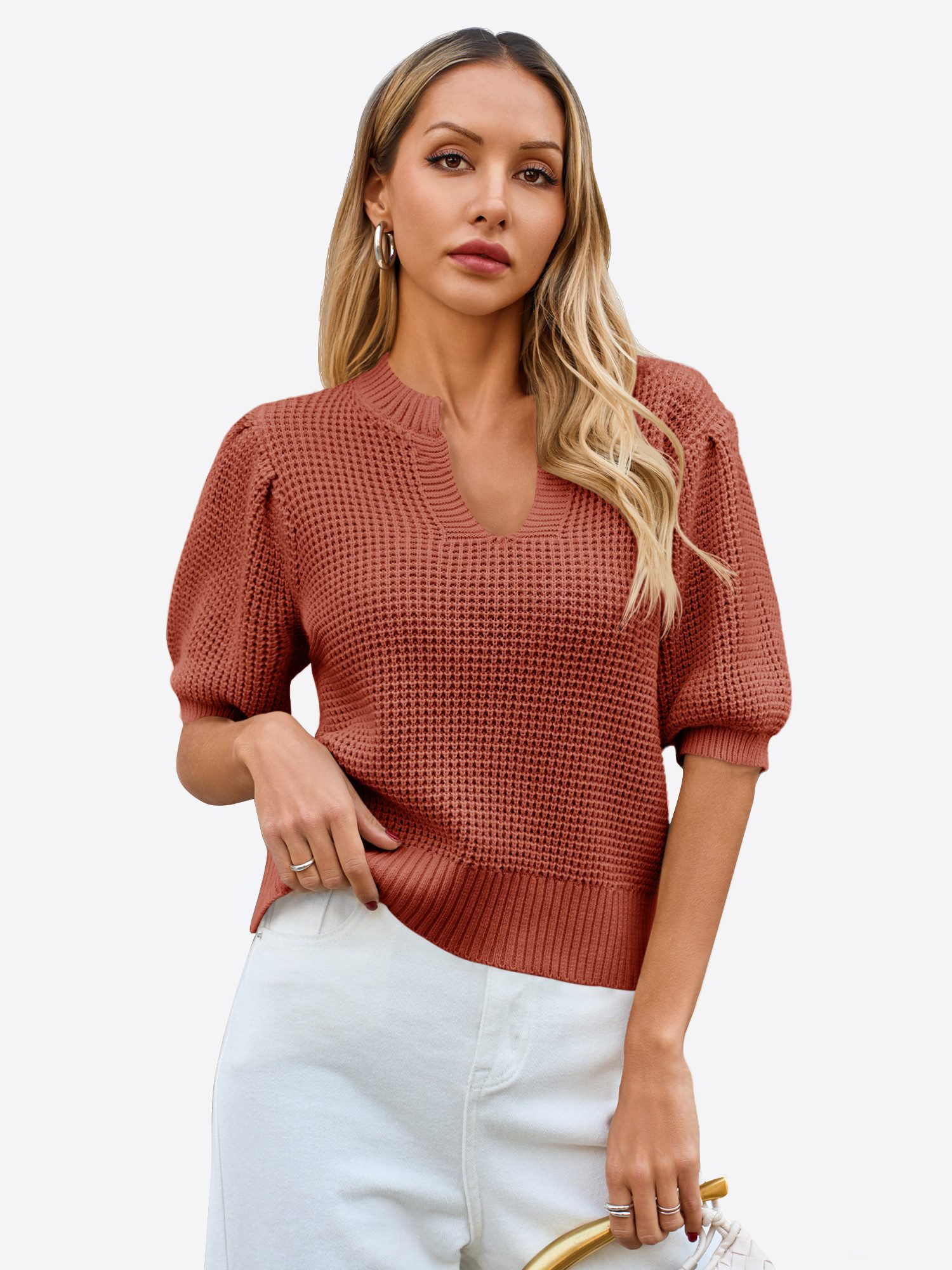 Imily Bela Kurzarmpullover Damen Waffelstrickpullover mit Puffärmeln (Packung, 1-tlg., 1per-Pack) mit V-Ausschnitt