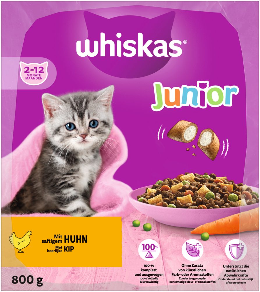 Whiskas WHISKAS® Karton Trocken Junior mit Huhn 5 x 800g, Trockenfutter für: Katze