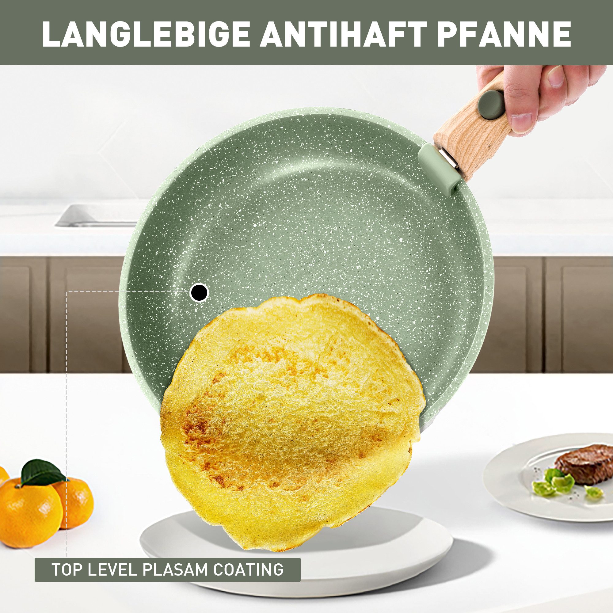 Kitchen Academy Pfannen-Set, (10-tlg, Pfanne 20cm/25cm, Stielkasserolle mit Deckel 18 cm, 2 Silikonspatel), Pfannenset mit abnehmbaren Griffen Töpfe und Pfannen Set mit Deckel