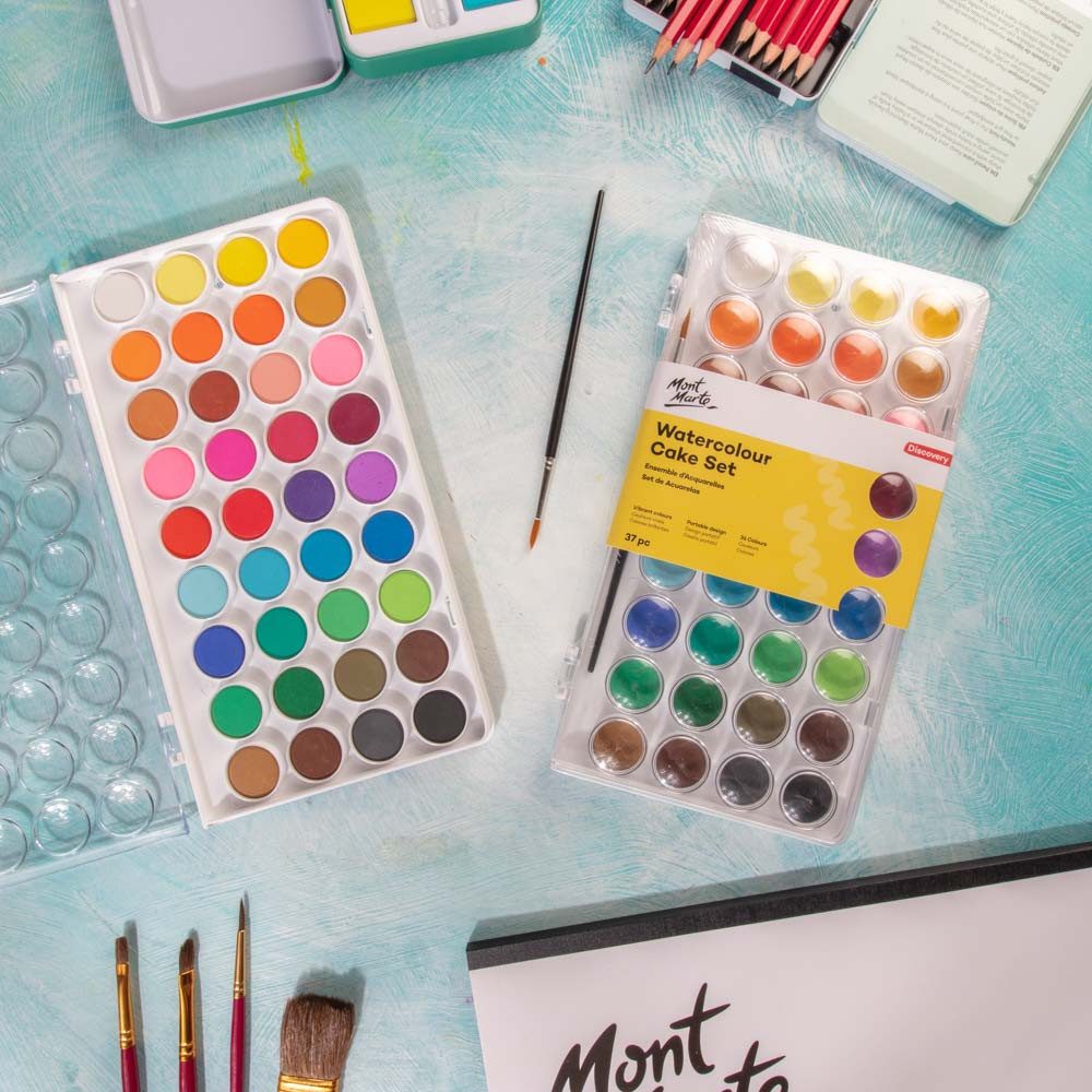 Mont Marte Aquarellfarbe Wasserfarben Set – 16 / 24 / 36 brillante Farben mit 1 Pinsel, Hoch pigmentiert, leicht mischbar – für Einsteiger & kreative Projekte