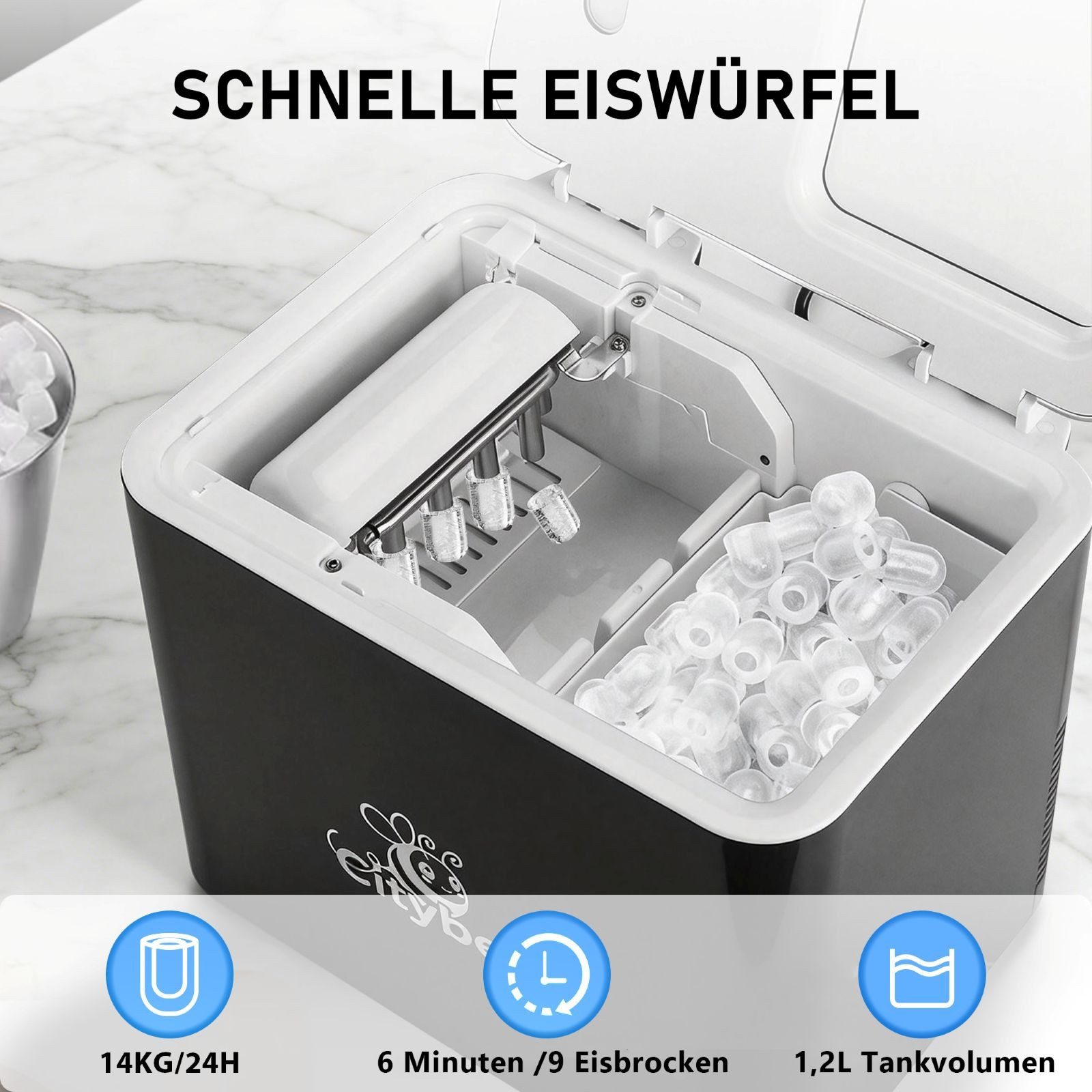 Nettlife Eiswürfelmaschine Eiswürfel 1.3L Wassertank leistungsstarkem Kompressor 12 kg Eis/24h, Eismaschine selbstreinigend UV-Desinfektion schnell für Zuhause/Party