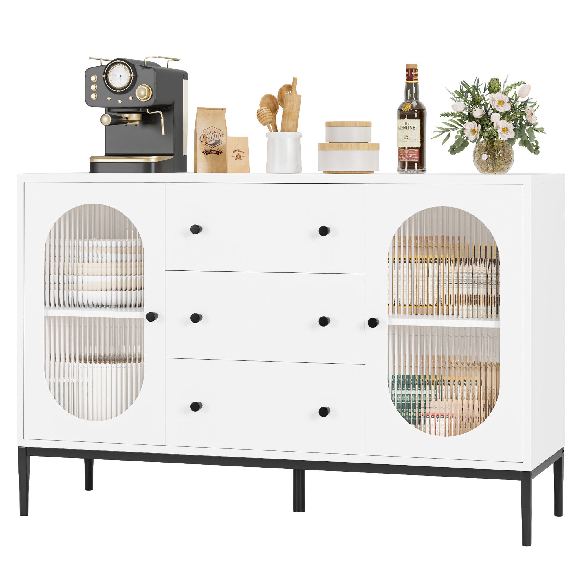 Homfa Sideboard Küchenschrank, mit 3 Schubladen 2 Glastüren, Buffetschrank, 120x38x80cm