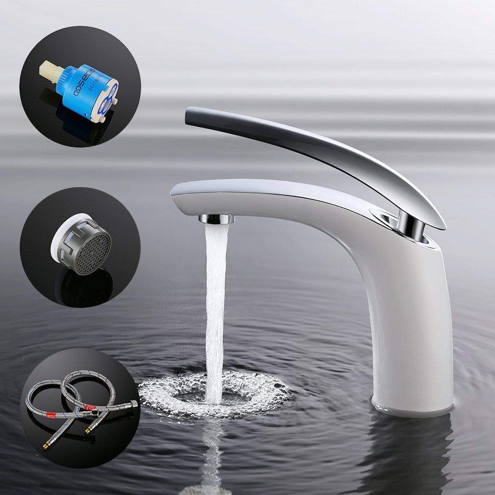 HOMELODY Badarmatur Weiß Waschtischarmatur Wasserhahn Bad Armatur Mischbatterie (Waschbecken Einhebelmischer Badezimmer) Badarmatur Wasserhahn mit Mischbatterie, Messing