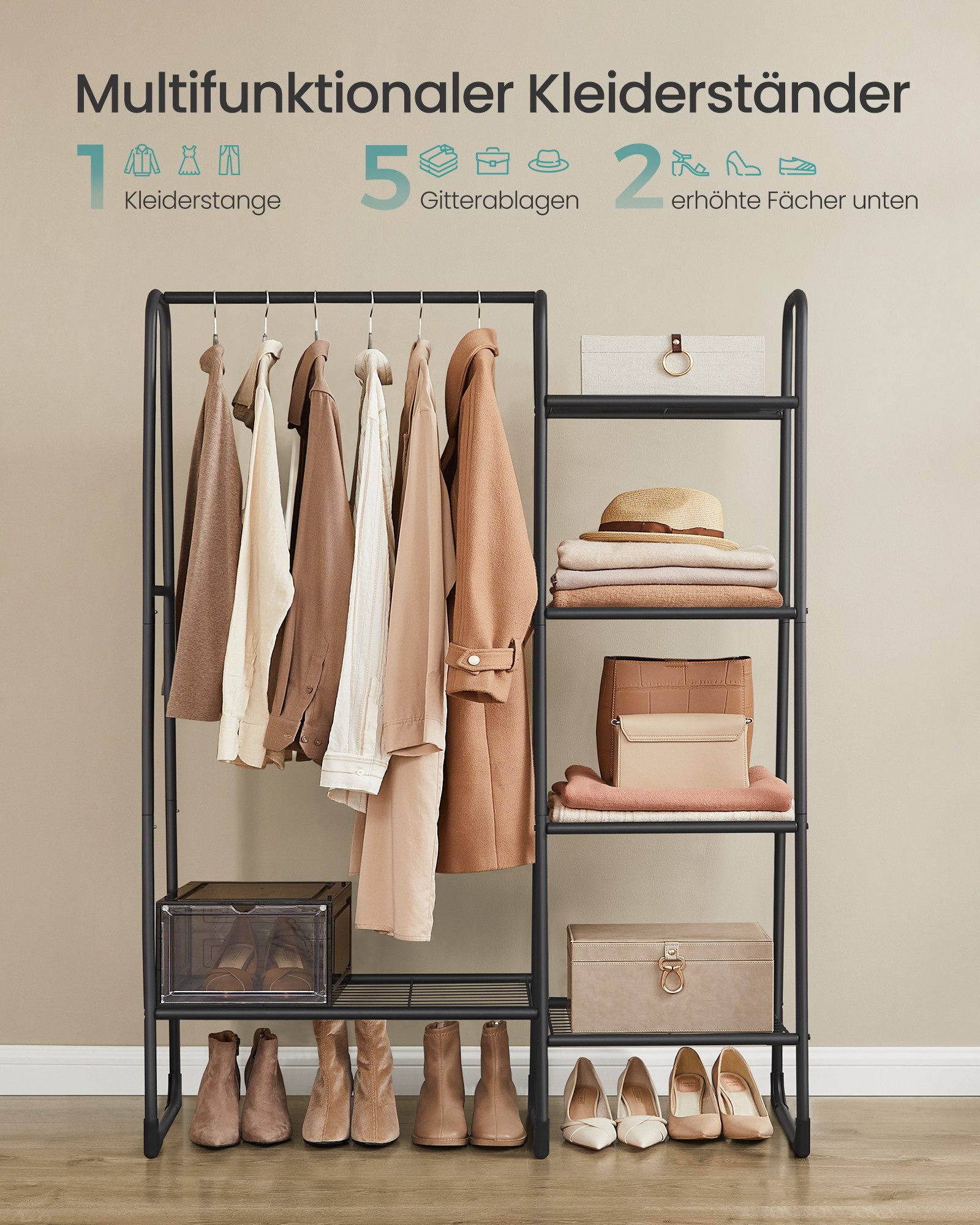 SONGMICS Kleiderständer Wäscheständer, 40 x 101,7 x 153,3 cm, für Schlafzimmer, Wohnzimmer, mit 5 Ablagen, Metallrahmen, bis 70 kg belastbar, tintenschwarz