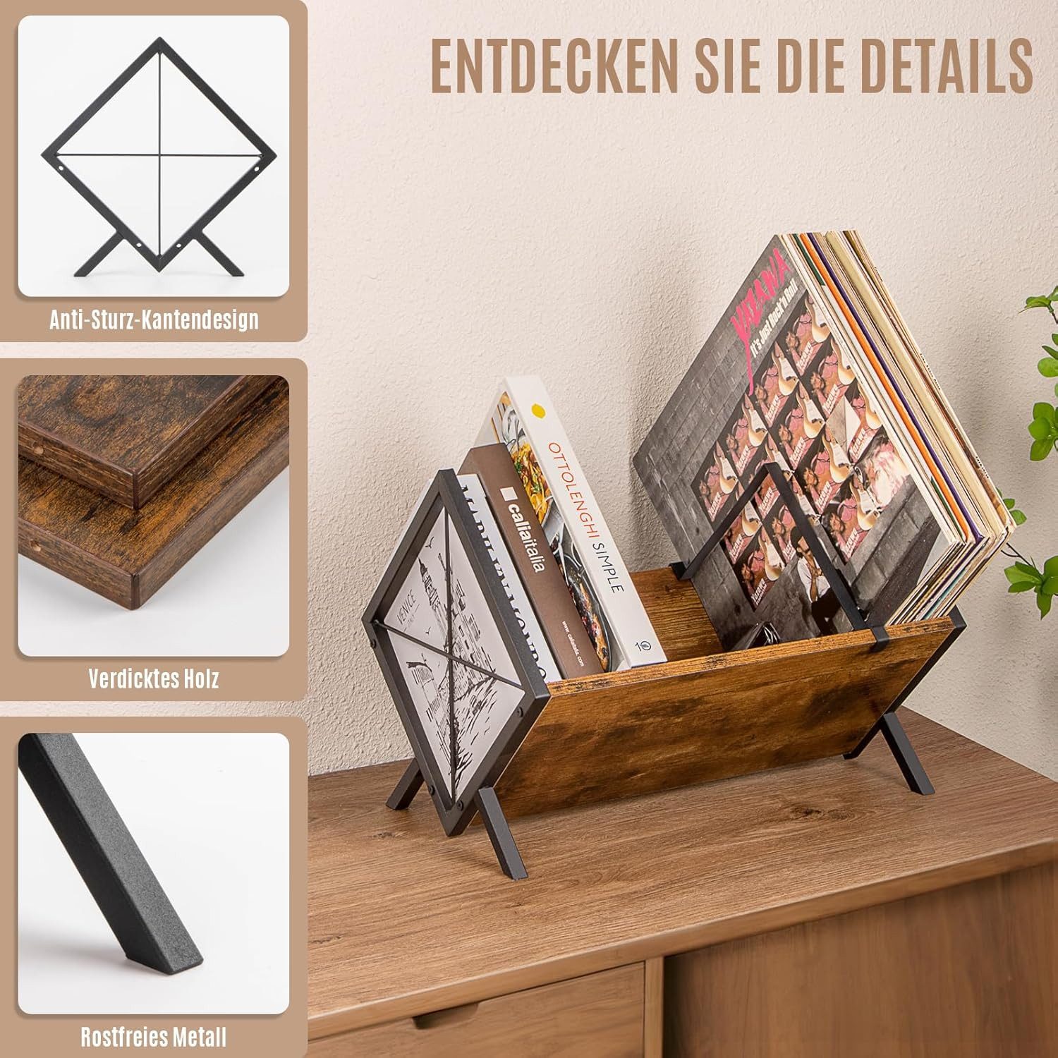 Refined Living Plattenständer Schallplatten Aufbewahrung Regal für 80–100 LPs, Vinyl Regal, LP Regal, 1 tlg., Schallplatten-Display,Schallplatten Zubehör,Retro  – Bild 5 von 5