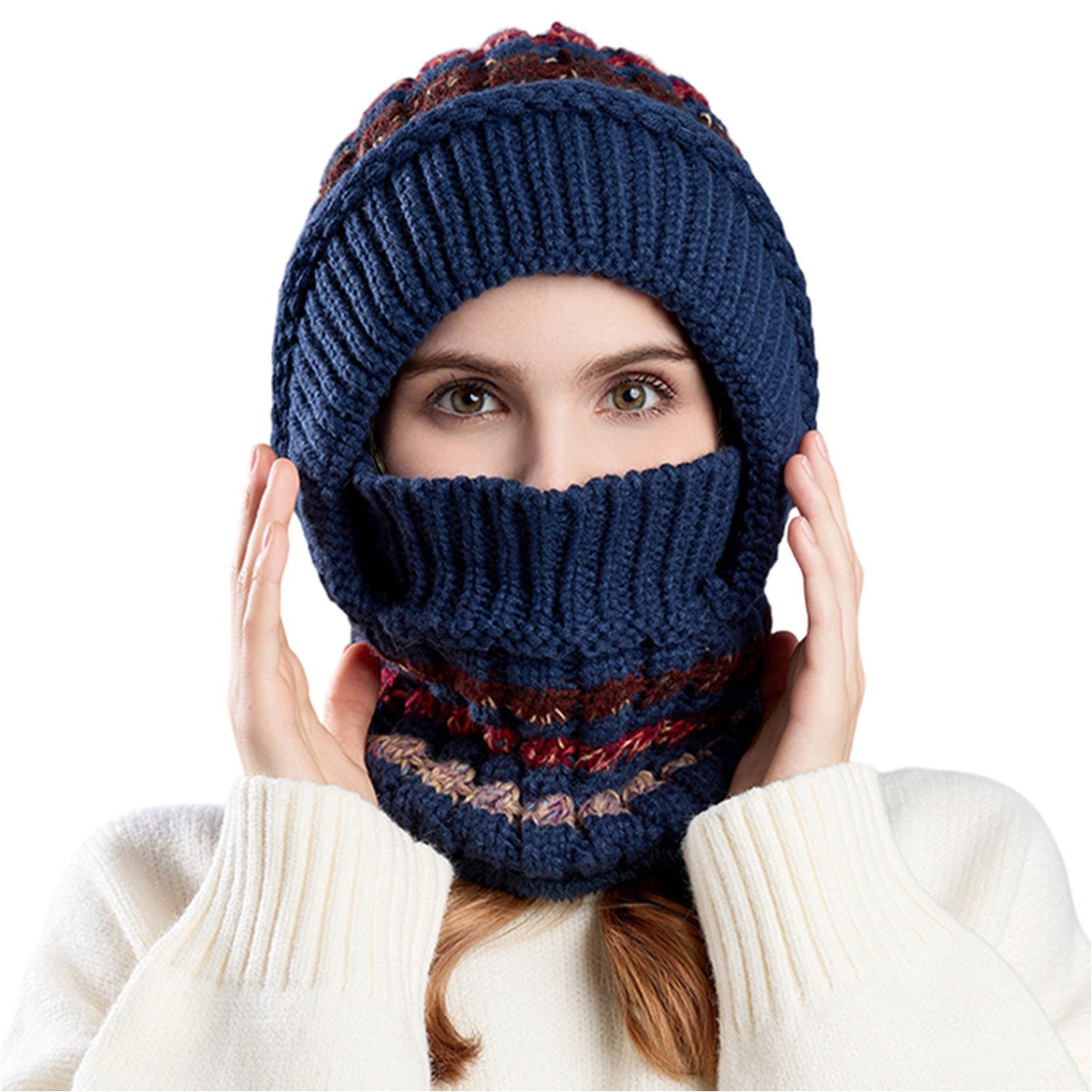Refttenw Sturmhaube Multifunktionale Strickmütze mit integriertem,Halswärmer,winddicht