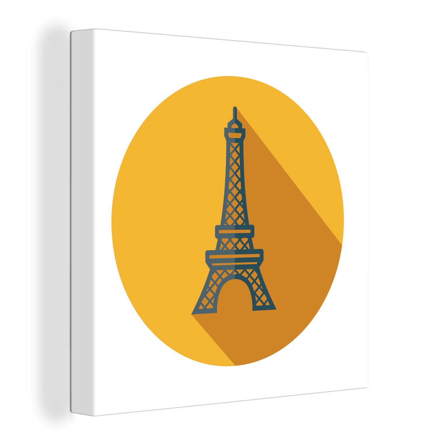 OneMillionCanvasses® Leinwandbild Der französische Eiffelturm als gelber Kreis in einer Illustration, (1 St), Leinwand Bilder für Wohnzimmer Schlafzimmer