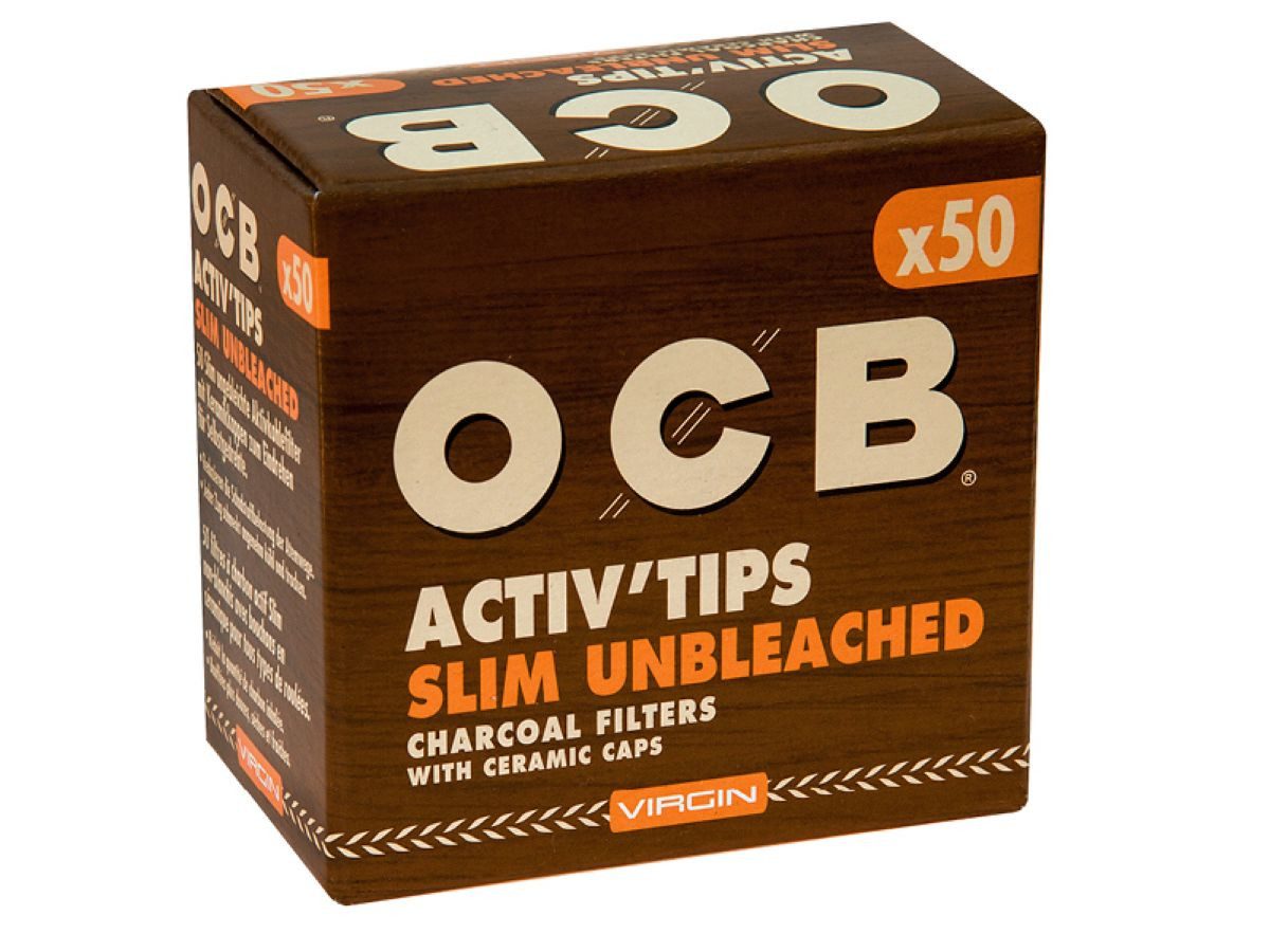OCB Aktivkohlefilter Filter Slim Activ Tips Unbleached - Virgin 7mm, 50 Stück, ungebleichte Drehfilter mit Keramikkappen inkl. Jointhülle