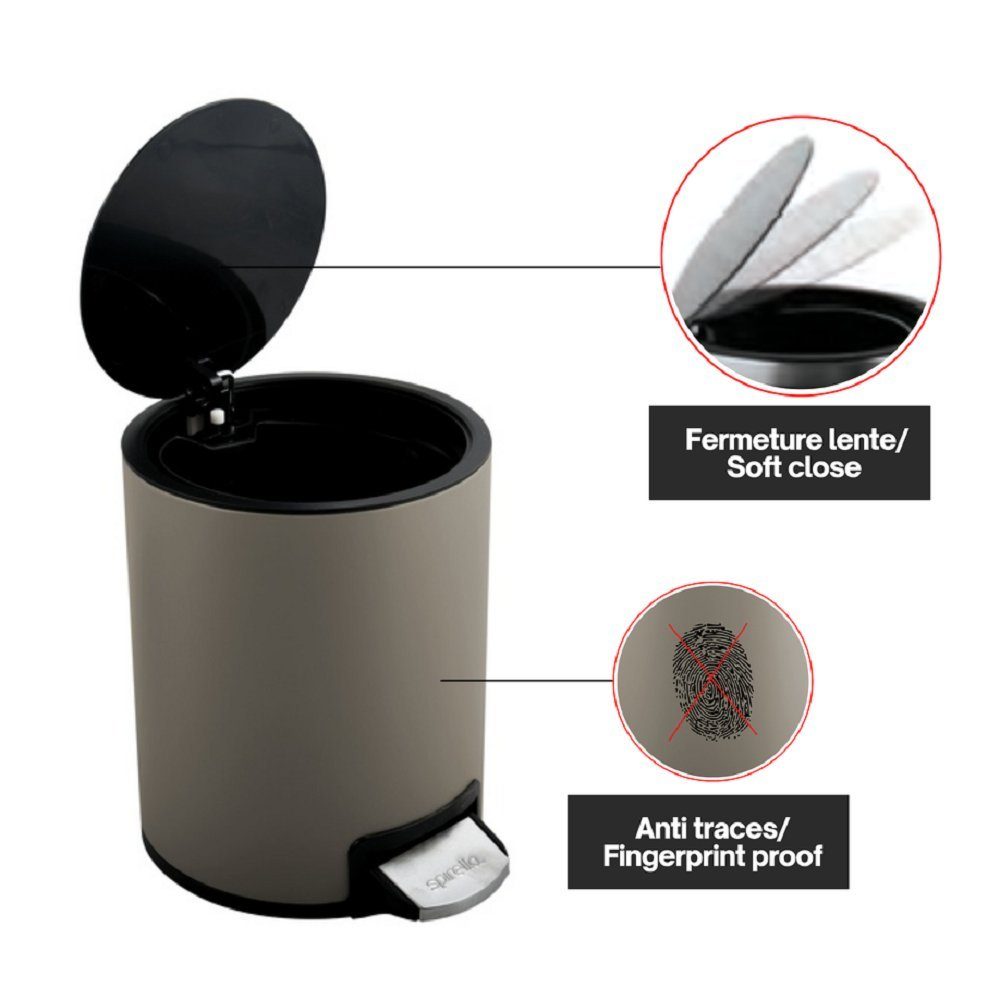 spirella Kosmetikeimer RIKU, Treteimer mit Softclose-Absenkautomatik, herausnehmbarem Inneneimer, Anti-Fingerprint-Beschichtung, 5L, taupe