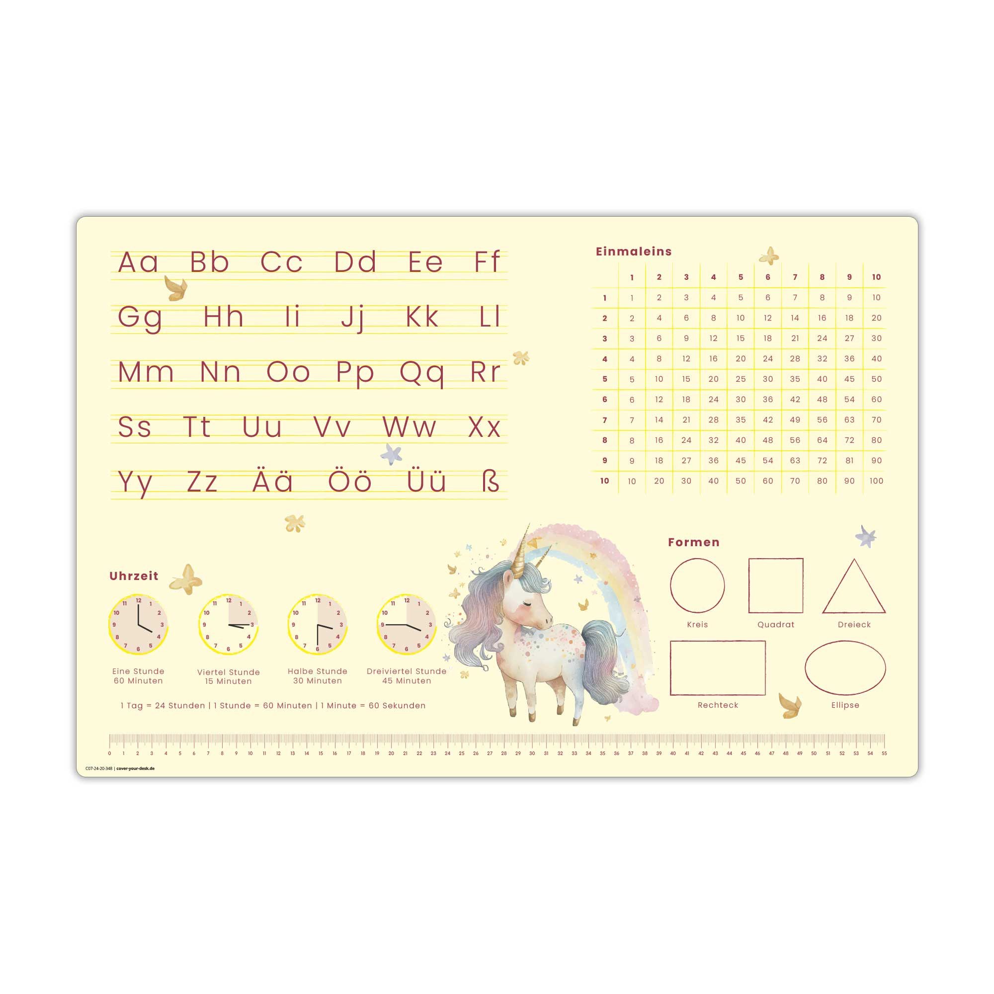 cover-your-desk.de Schreibtischunterlage Lernunterlage Einhorn Aquarel - abc - premium Vinyl - Made in Germany, (1 tlg)