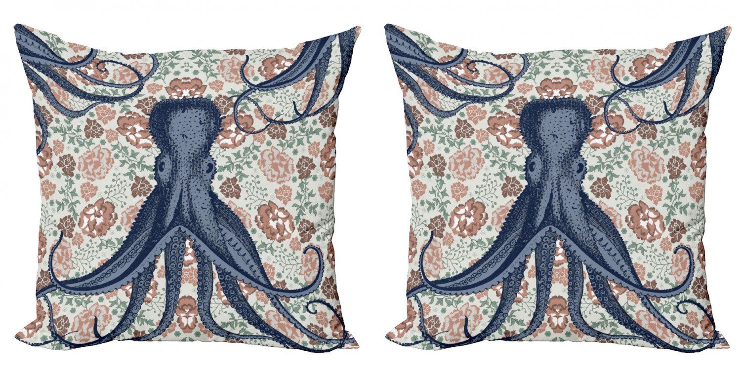 Kissenbezüge Modern Accent Doppelseitiger (2 Blumen der Abakuhaus Digitaldruck, Stück), Tintenfisch Tier Retro auf