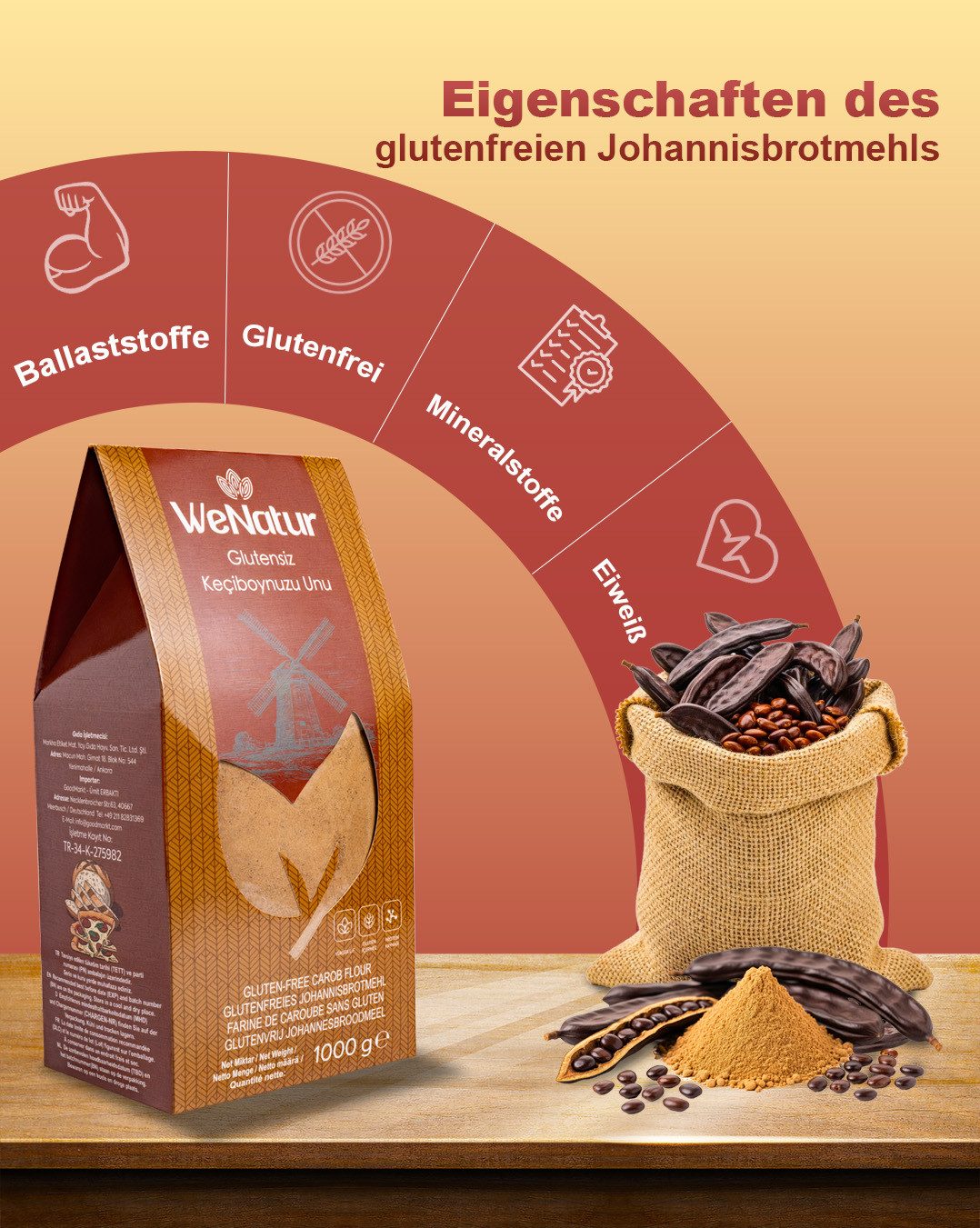 We_Natur Mehl Carob Mehl – Natürliche Ballaststoffquelle & Süßes Superfood 1kg, 1000 g, Glutenfrei