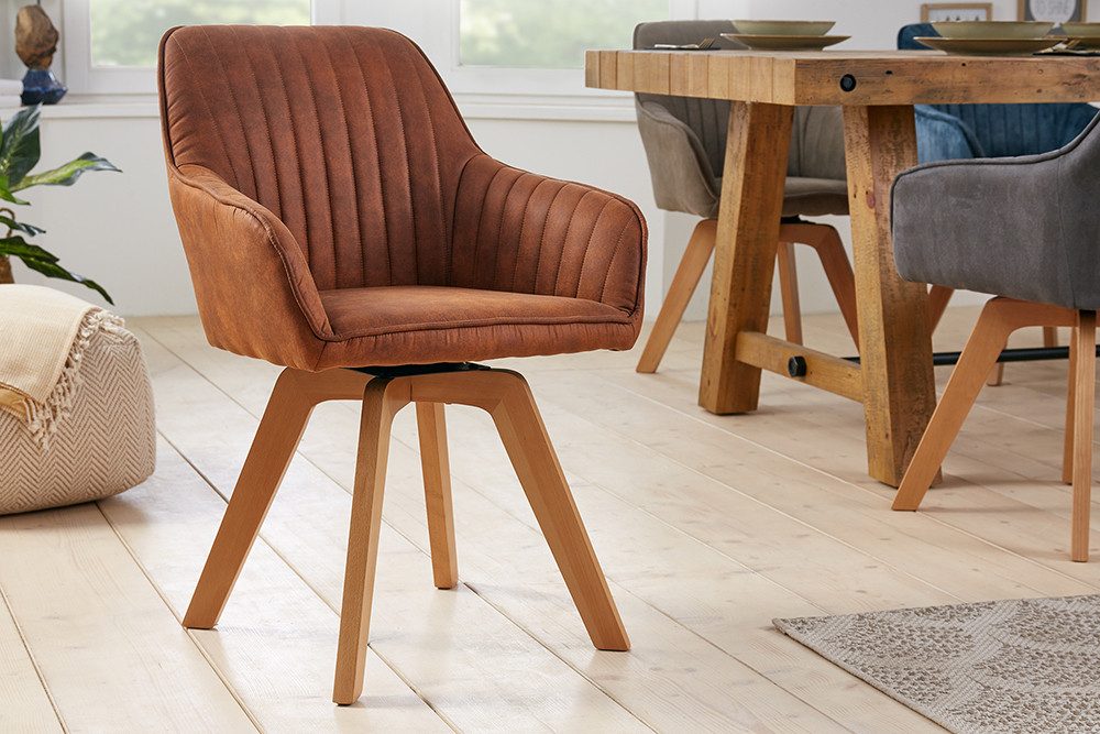 riess-ambiente Polsterstuhl LIVORNO vintage braun – Microfaser, drehbar, Holz-Beine, mit Armlehne (Einzelartikel, 1 St), mit 180° Drehfunktion und Autoreturn – ideal für Dein Esszimmer