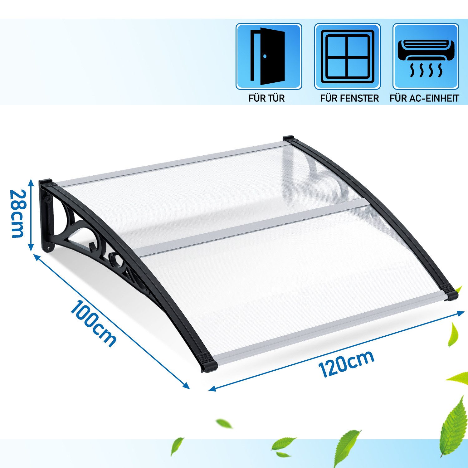 Clanmacy Vordach Haustürvordach 120 x 100 cm, Polycarbonat, transparent, wetterfest – Bild 2 von 5