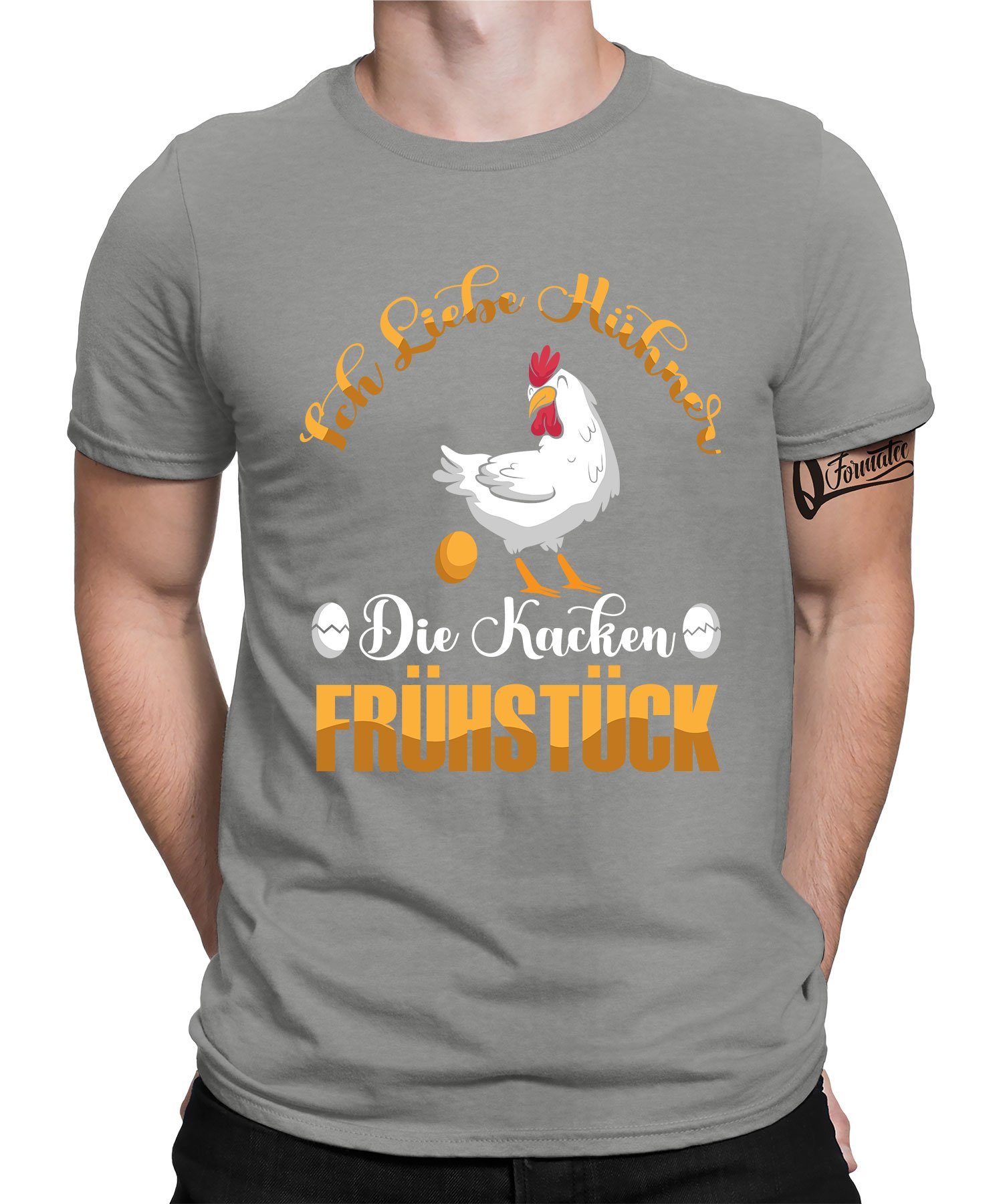 Quattro Formatee Kurzarmshirt Ich liebe Hühner die kacken Frühstück - Huhn Hahn Chicken Bauern Herre (1-tlg) Heather Grau | T-Shirts