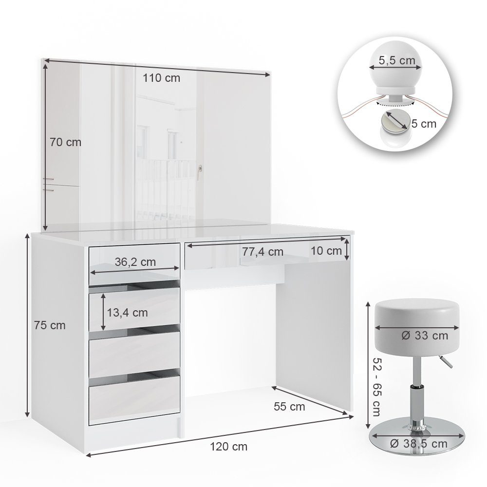 Vicco Schminktisch Sherry, Weiß, 120 cm mit LED Beleuchtung und Hocker (2-St)