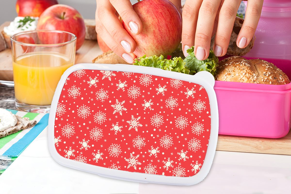 Weiß, - - Kinder, Lunchbox Snackbox, Kunststoff rosa Kunststoff, Brotbox MuchoWow für Weihnachten (2-tlg), Schneeflocke Brotdose Mädchen, - Rot - Erwachsene, Muster