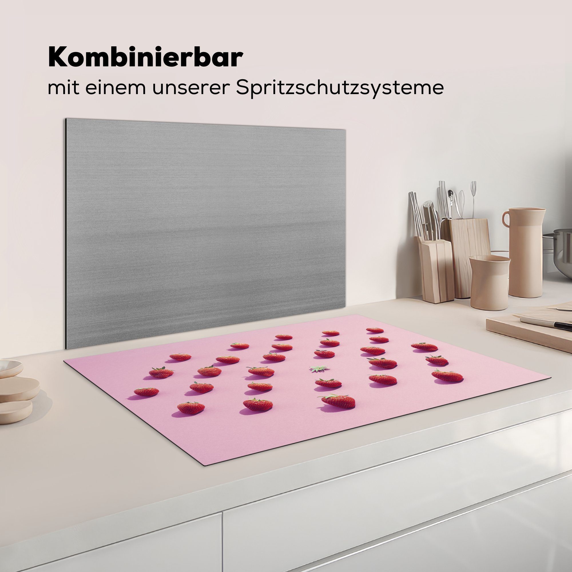 Ceranfeldabdeckung cm, MuchoWow Vinyl, für - Erdbeere Schutz Herdblende-/Abdeckplatte tlg), Rosa - (1 81x52 die Obst, Induktionskochfeld küche,