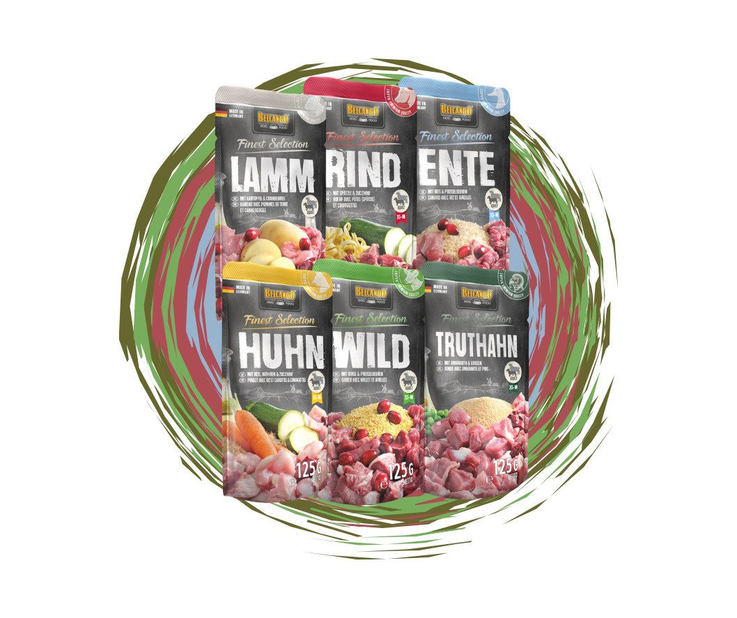Belcando Belcando Frischebeutel Bundle - 6x125g verschiedene Sorten Mix 2 (Lamm, Ente, Huhn, Wild, Truthahn Rind), Nassfutter für: Hunde