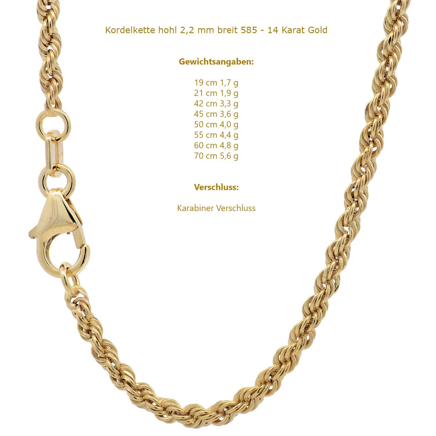 HOPLO Goldkette Goldkette Kordelkette Armkette Breite 2,2 mm 19 cm 585-14 K günstig online kaufen