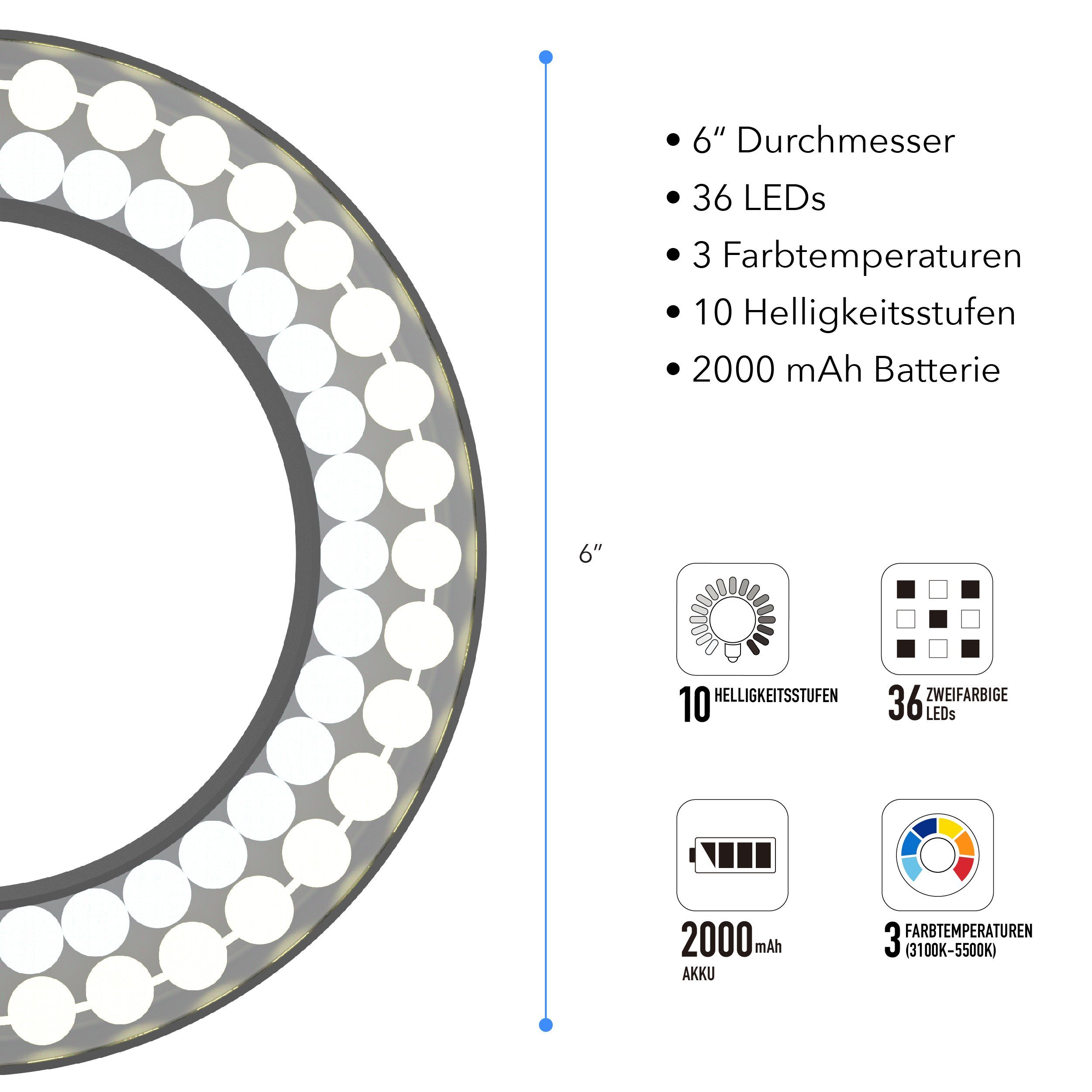 DigiPower Schreibtischlampe mit Smartphone- und Tablet-Halterung inkl. Akku, schwarz, LED fest integriert, warm, kalt, natur, Ringlicht, Handyhalterung – Bild 4 von 5