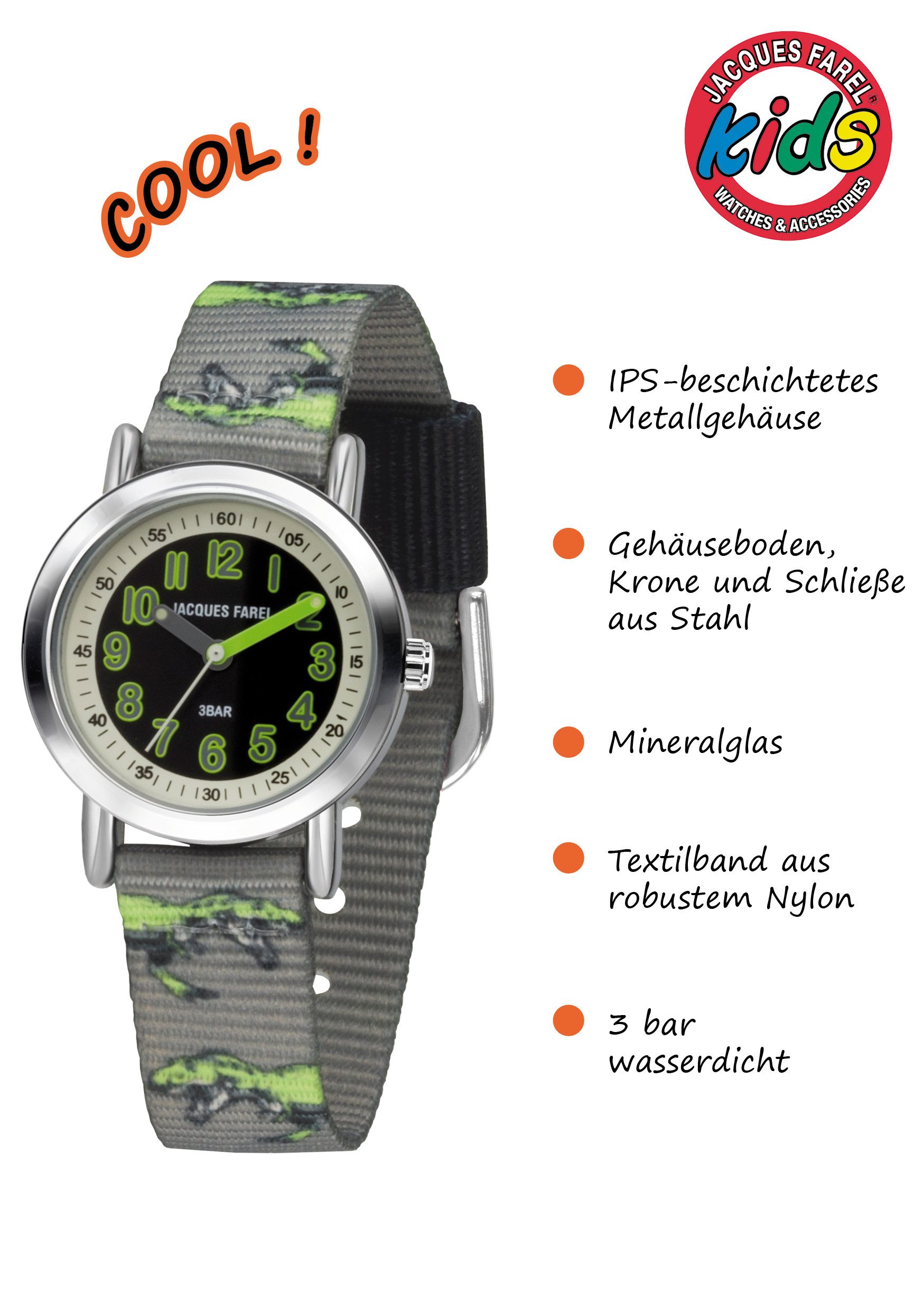 Jacques Farel Quarzuhr KPS Kinderuhr Dino, analog deutlich Geschenkidee Junge Ø 28 mm