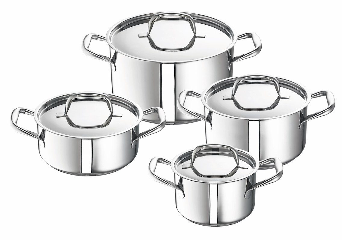 SCHULTE-UFER Topf-Set Nimm-4 Set Finesse, Edelstahl 18/10 (Set, 8-tlg., 1 x Bratentopf, 3 x Fleischtopf), Bratentopf Ø 20 cm, Fleischtopf Ø 16 / 20 / 24 cm