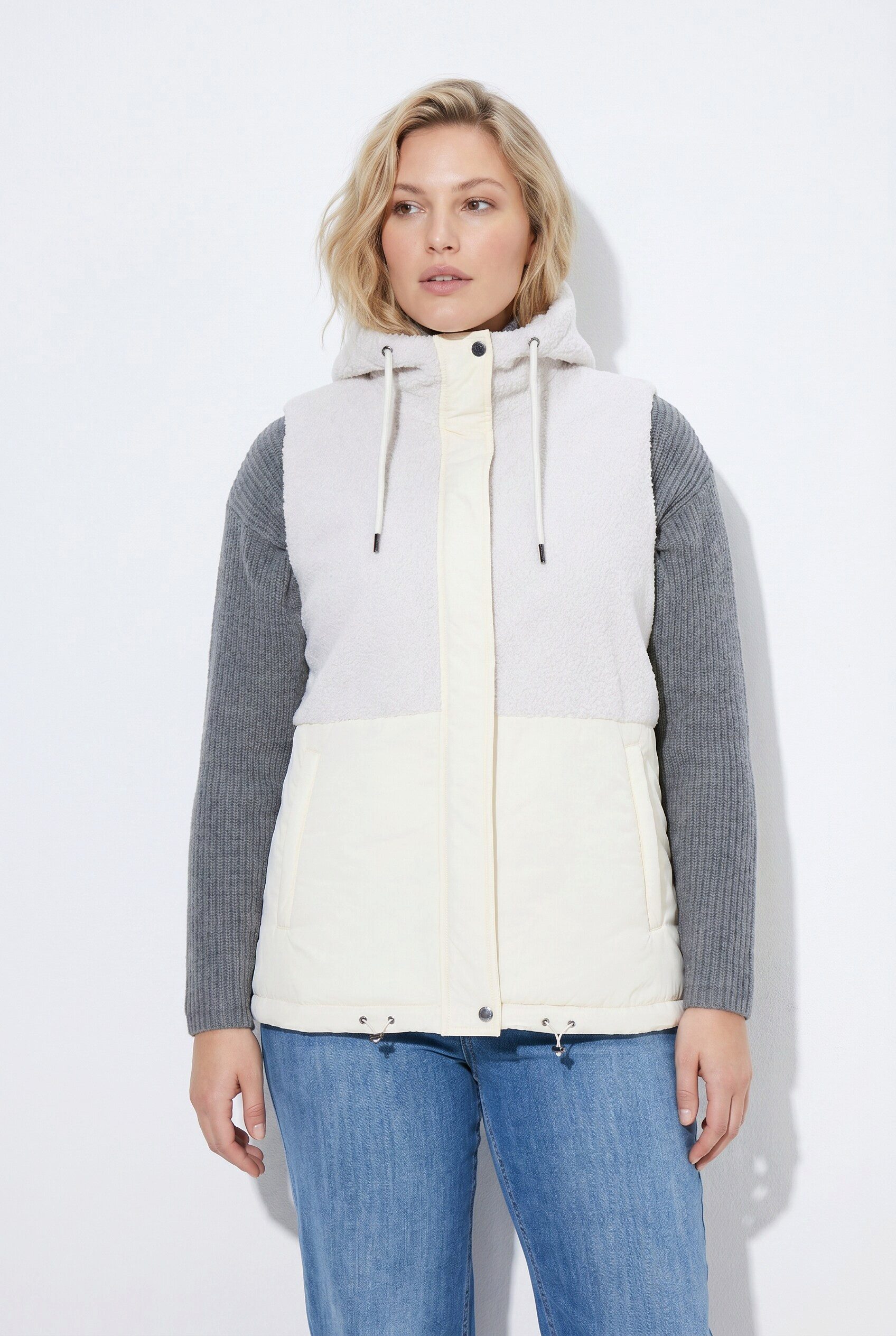 Ulla Popken Steppweste Weste Teddyfleece A-Linie Kapuze ärmellos