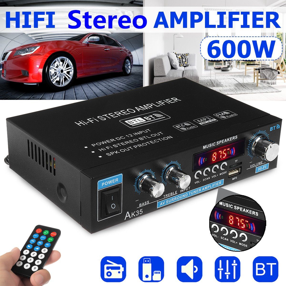 Insma Audioverstärker (2-Kanal 600W Digital Audio bluetooth Verstärker HiFi Stereo Amplifier) – Bild 2 von 5