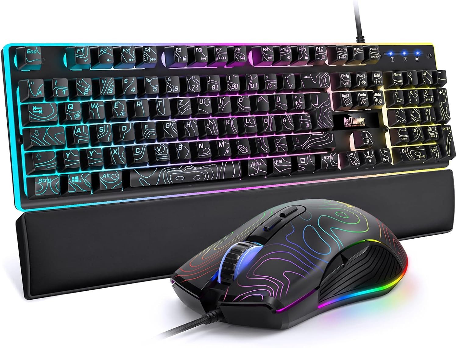 RedThunder Gaming Tastatur Maus Set RGB QWERTZ 7200 DPI Tastatur- und Maus-Set, Kabelgebundenes Gaming Set mit RGB Beleuchtung und 26KRO DPI Maus