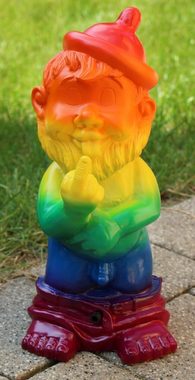 Otto Müller Gartenzwerg Gartenzwerg Gartenfigur Deko Zwerg Mittelfinger Bewegungsmelder "Pfiff" Regenbogen Pride H 31 cm
