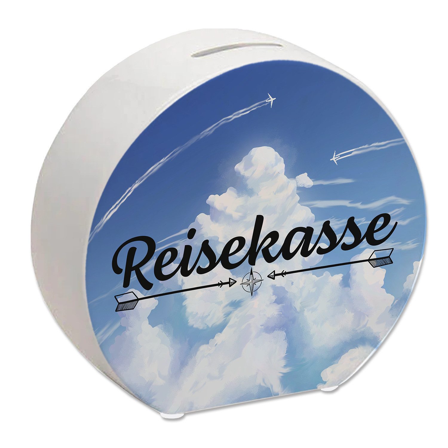 Spardose Reisekasse Spardose mit schönem Wolkenmotiv und Flugzeugen
