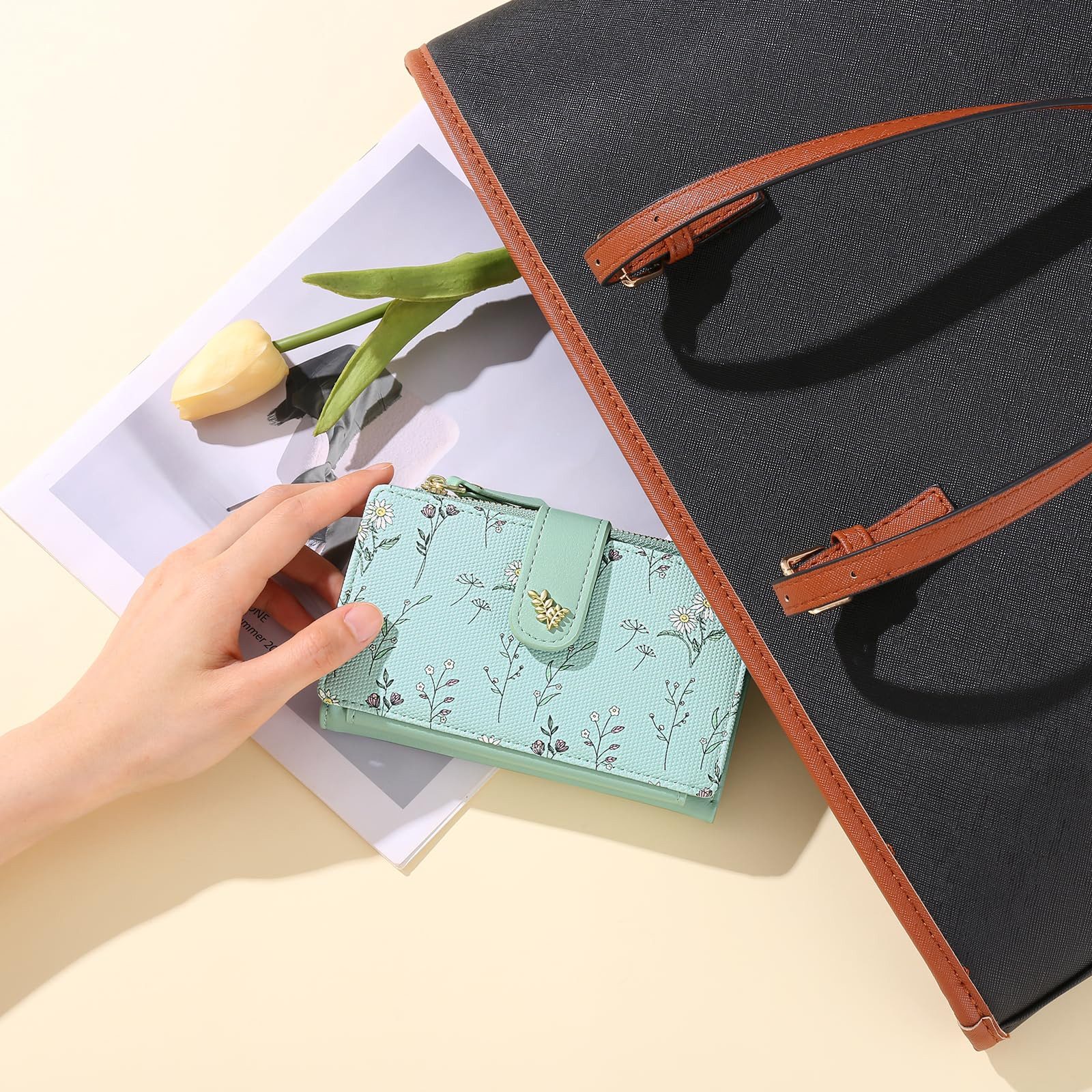 Zaewry Geldbörse Kleine Damen Geldbörse,Damen-Geldbörse, Kartenetui mit Blumenmuster, RFID-Schutz, veganes Leder, mit Münzfach mit Reißverschluss – Bild 5 von 5