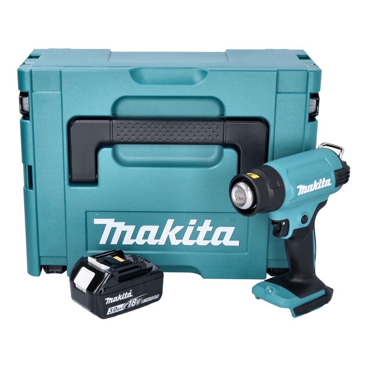 Makita Akku-Heißluftgebläse DHG 180 F1J Akku Heißluftgebläse 18 V 550 °C + 1x Akku 3,0 Ah + Makpac