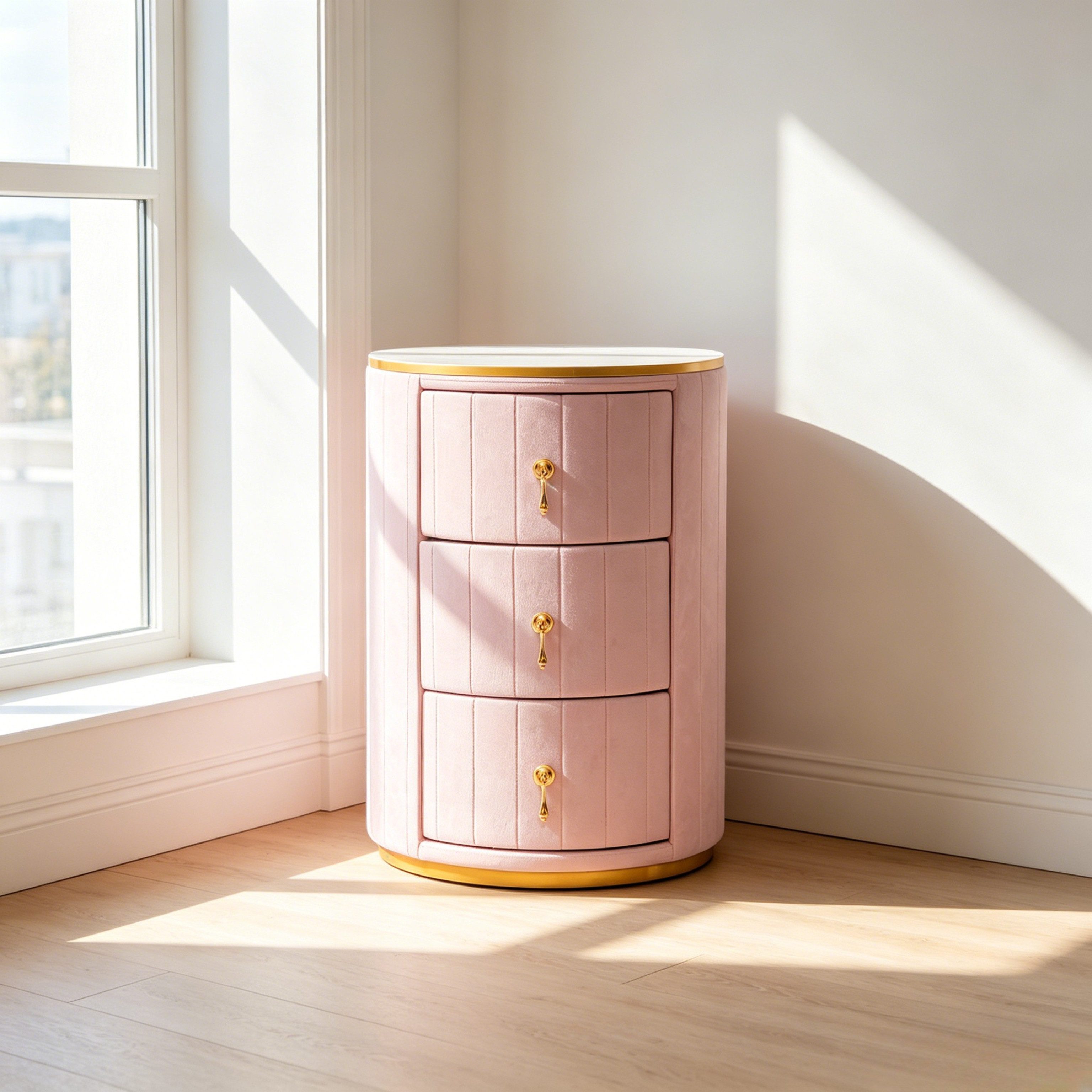 WILLIAMSPACE Nachttisch LUXOR NACHttisch – Ø40cm, Samt, Marmor, Gold, Samtbezug, Marmoroptik,Goldbeschläge