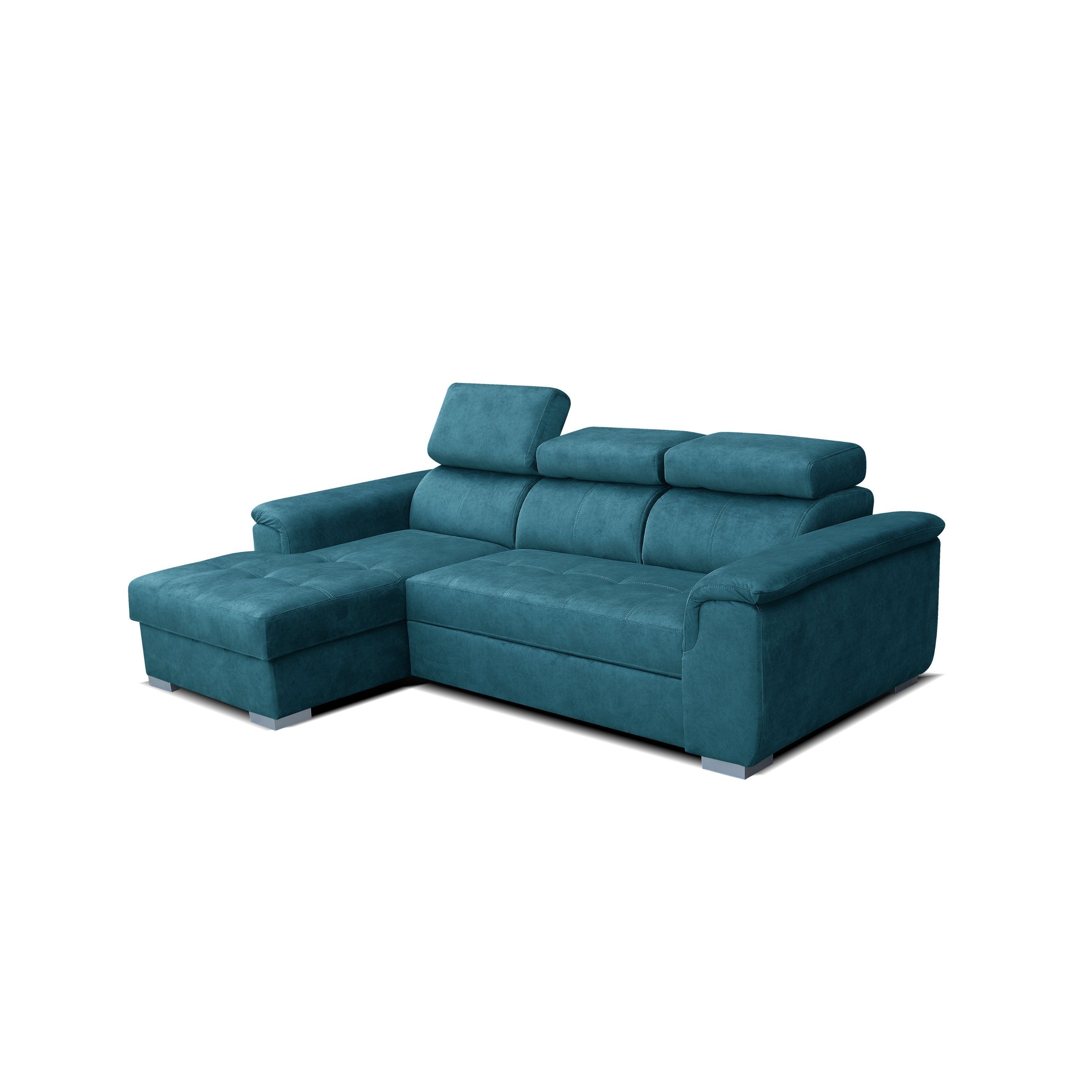 robin Ecksofa Silver Sofa mit Schlaffunktion Bettkasten 3 Verstellbare Kopfstützen BLUE