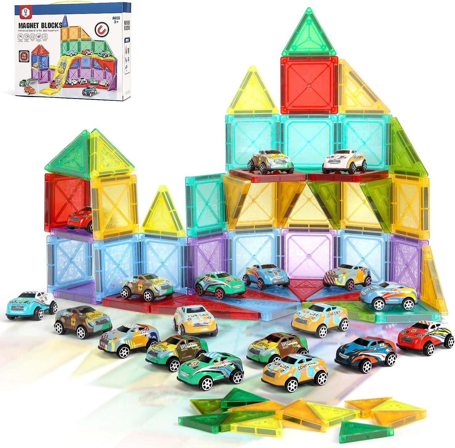 Lubardy Magnetische Bausteine 78 Teile STEM Lernspielzeug Kinder ab 3 Jahre Spielbausteine, (STEM Lernspielzeug Magnetisches Bausteine Set Kinder Geschenk, 78 St., 78-teiliges Magnetbausteine Set inkl. Autos für kreatives Lernen), Fördert Kreativität, Feinmotorik, räumliches Denken, STEM Lernspaß