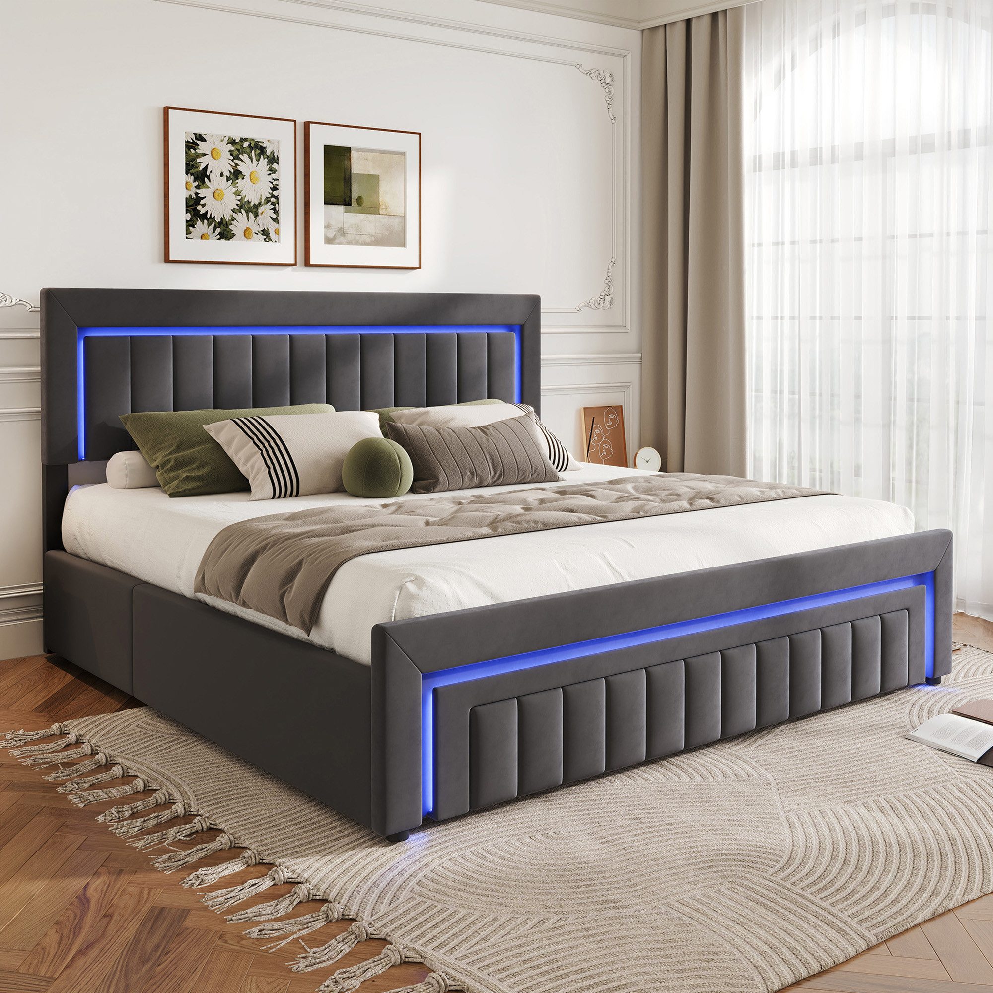 STILVORA Polsterbett 160×200 mit bettkasten,Funktionbett Boxspringbett mit LED & Schubladen (verstärkter Metallrahmen, stabiler Lattenrost, Gepolstertes Kopfteil, Bettkasten mit Hydraulik, Bettgestell mit Gepolstertes Kopfteil), mit einem Hebeseil, Samt-S