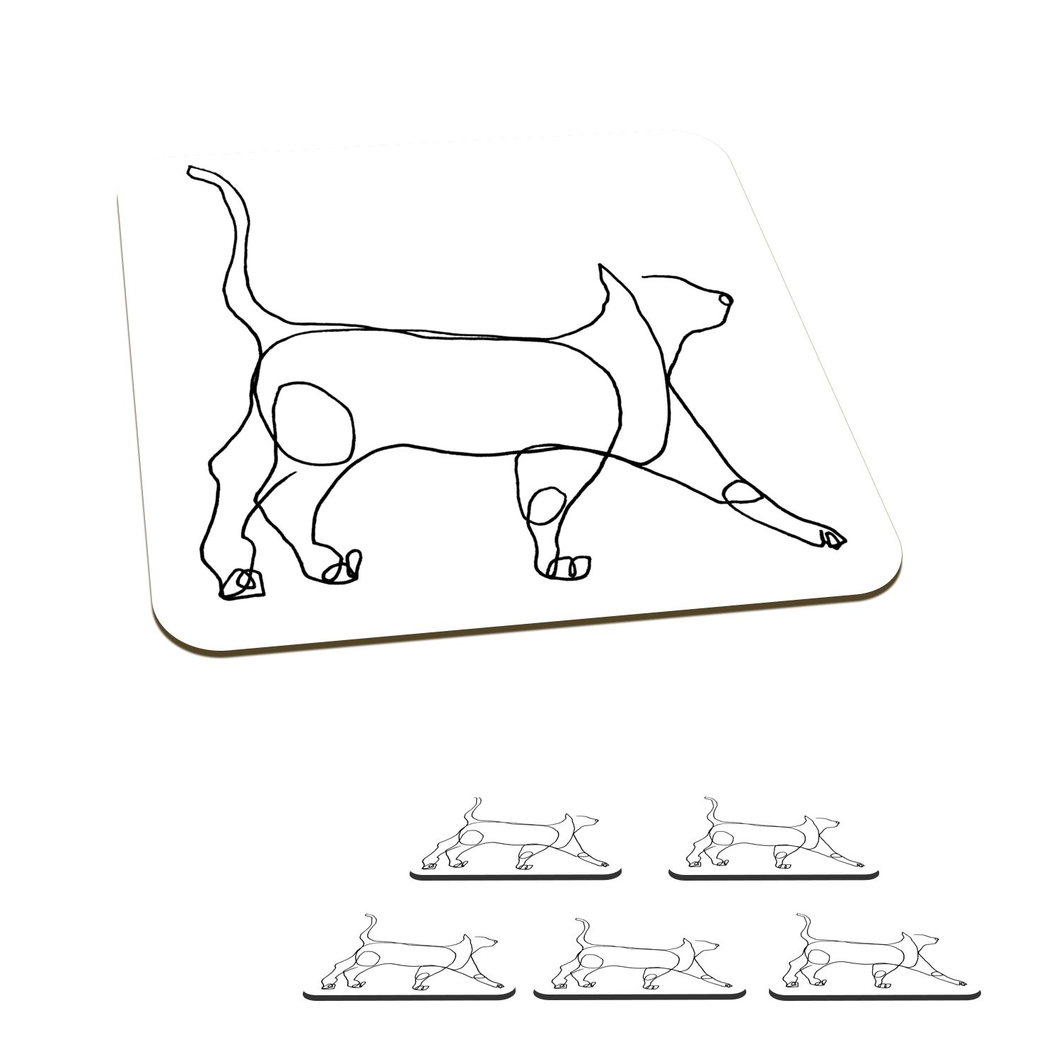 MuchoWow Glasuntersetzer Katze - Schwarz - Strichzeichnung, Zubehör für Gläser, 6-tlg., Glasuntersetzer, Tischuntersetzer, Korkuntersetzer, Untersetzer, Tasse