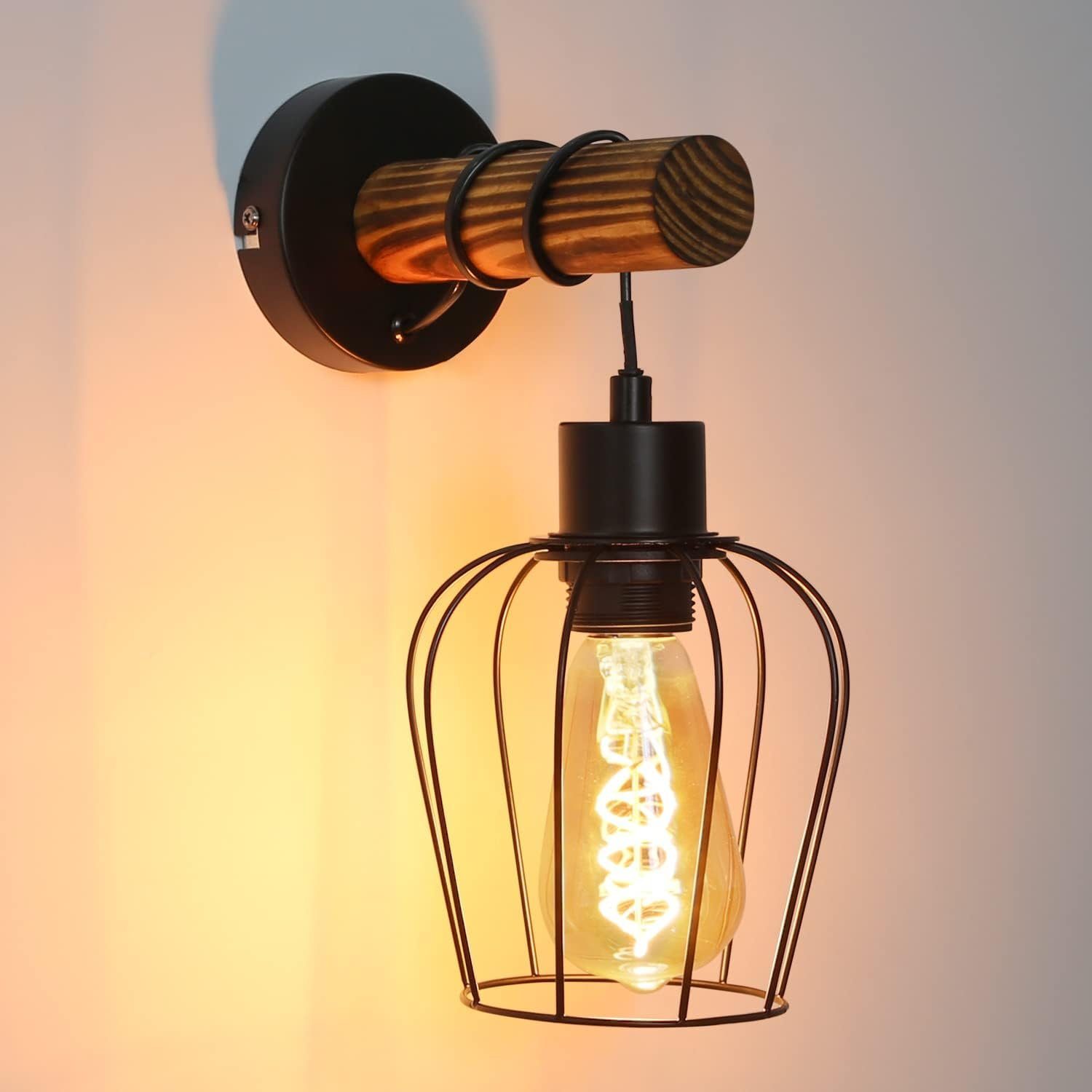 Nettlife Wandleuchte Schwarz Holz Innen Wandlampe Vintage E27 mit Schalter, LED wechselbar, für Schlafzimmer Wohnzimmer Flur Treppenhaus
