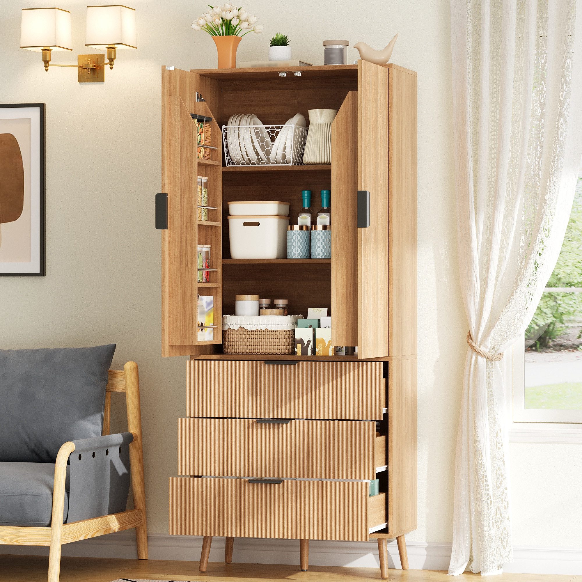 Flieks Hochschrank Vorratsschrank mit 3 Schubladen, Türablagen, verstellbar Einlegeböden (Massivholzbeine, 75x35x180 cm, 1-St., für Küche, Wohnzimmer, Esszimmer – Bild 2 von 5
