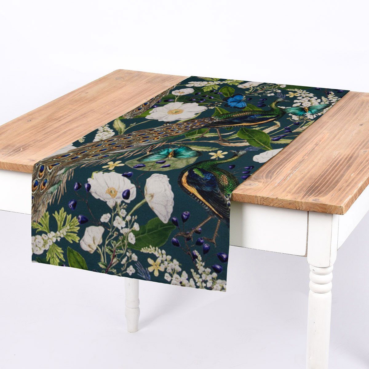 SCHÖNER LEBEN. Tischläufer SCHÖNER LEBEN. Tischläufer Pfau Blüten petrol 40x160cm, handmade