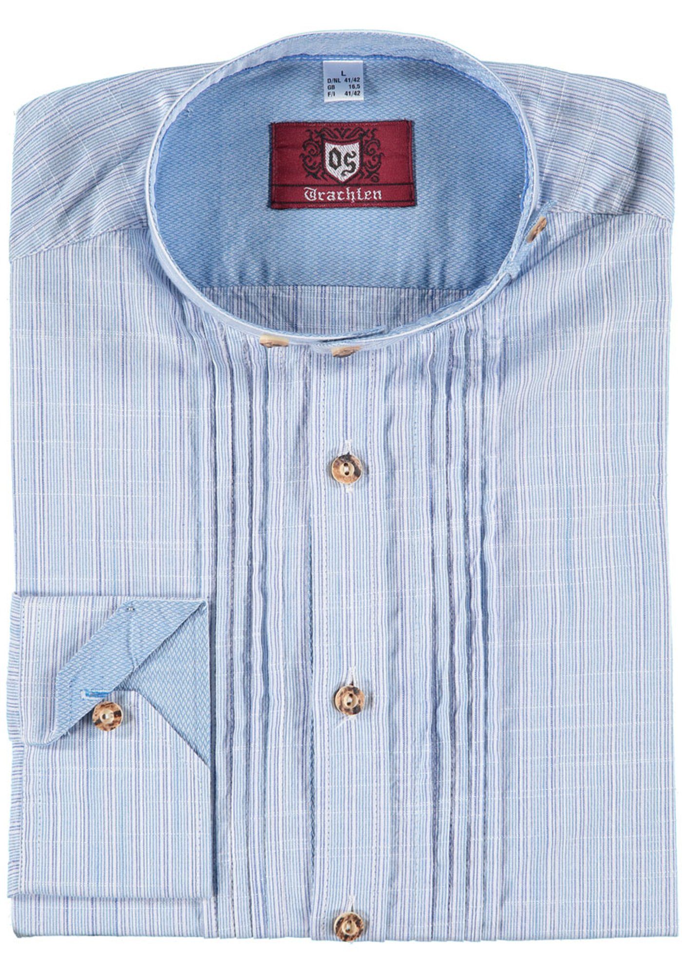 OS-Trachten Trachtenhemd Bonnomi Herren Langarmhemd mit 2x5 Biesen mittelblau